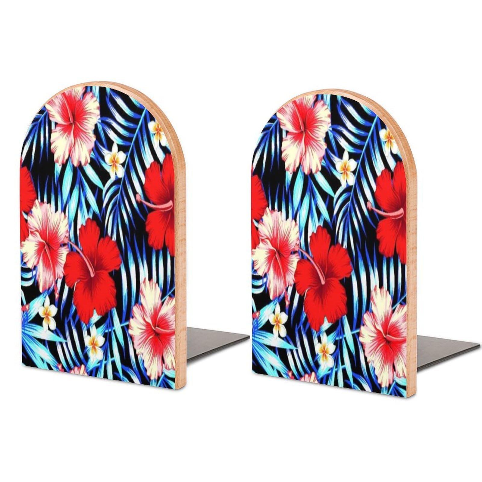 Red and Pink Hibiscus Flower Palm Leaves and Plumeria in A Trendy Blue Beech Wood Bookends Heavy Duty Book Organizers Desktop File Holder for Office Home Bookshelf