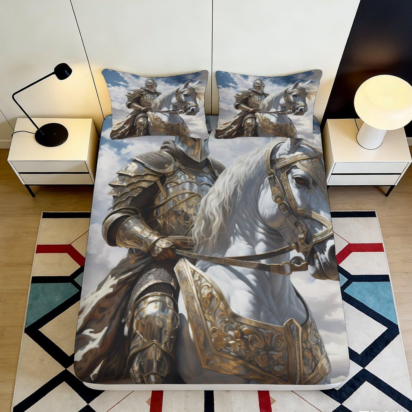 3D Printed Medieval Knight Fitted Sheet Microfiber Soft Breathable White Horse Mattress Cover for Bedroom Dorm Mattress Protection Decor 200x200x25cm