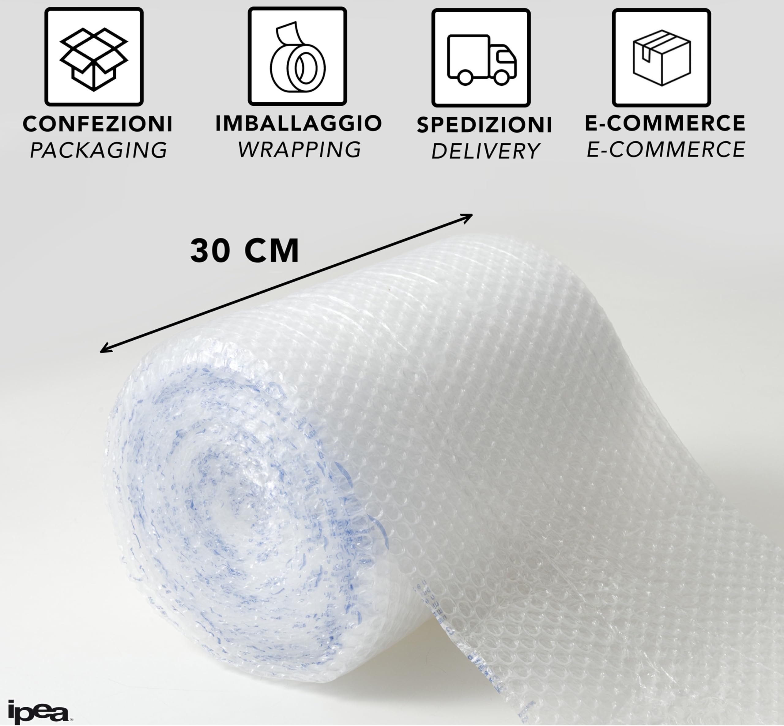 IPEA Rollo de Plástico de Burbujas para Embalaje y Envío – 20 Metros x 30 cm – Made in Italy – Pluriball - Burbujas de Aire Protección, Acolchado, Embalaje Objetos – Resistente Desgarro - 55 gr/mq