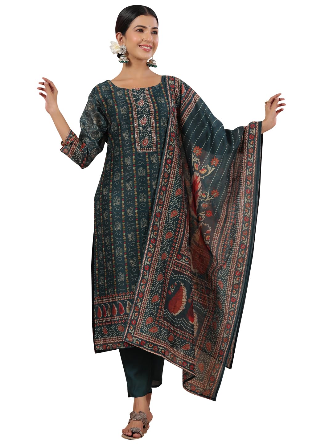 Ishin Women's Green Ethnic Motifs Printed Poly Silk Straight Kurta With Trousers & Dupatta