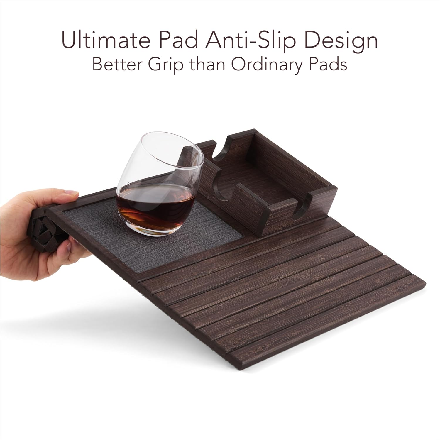 Detor Couch Cup Holder Tray with Super Anti-Slip Pad, Large 4.5" x 4.5" Organizer, Brown-Stained Bamboo Finish, Enhanced Non-Slip Felt Base, Durable Bamboo Slats, Fits Armrests 5.5" and Wider