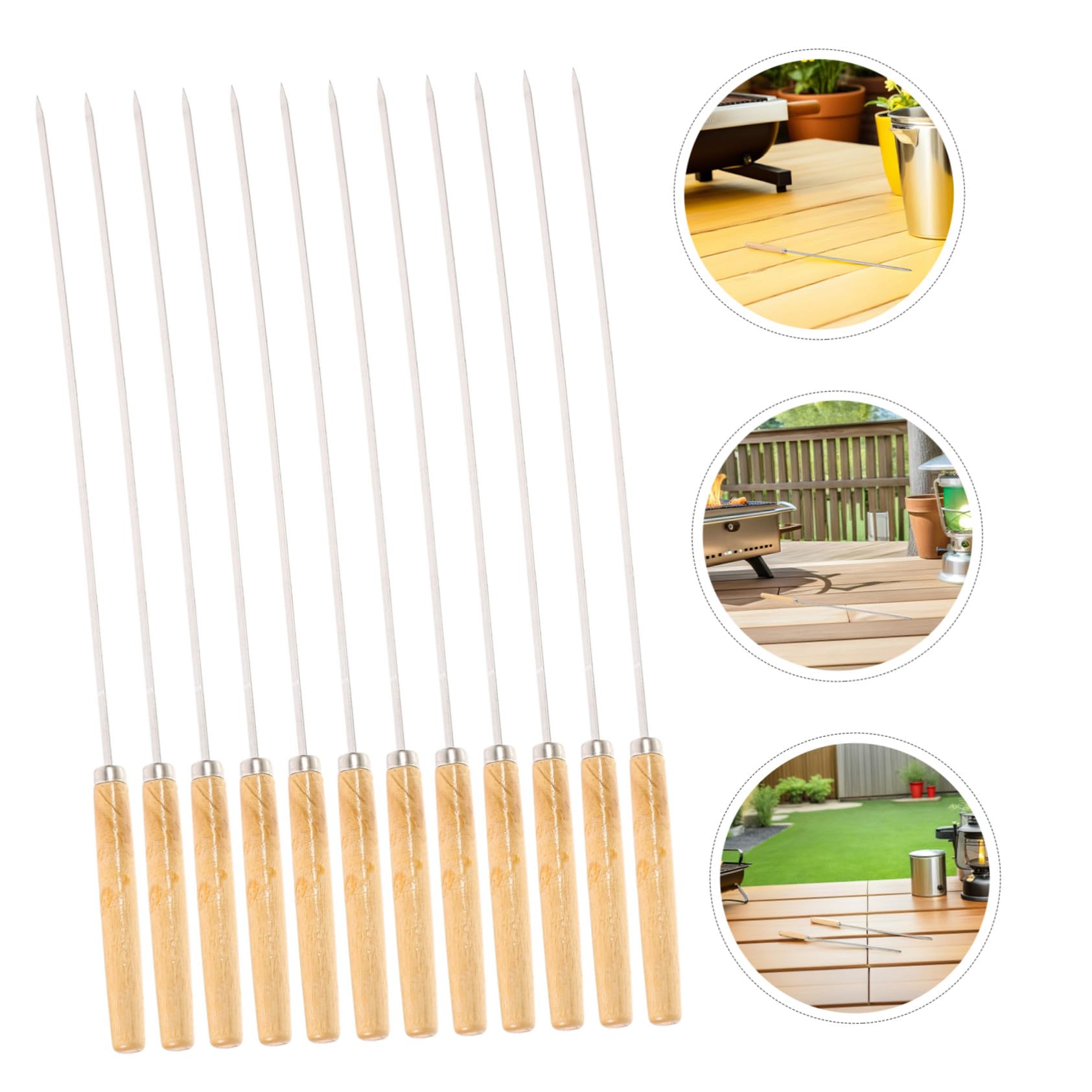 Brochetas Planas para Barbacoa, Juego de 30 Piezas, Acero Inoxidable | Mango de Madera Beige, 33cm de Largo, Uso para Pollo y Carne, Construcción Estable y Limpieza Sencilla