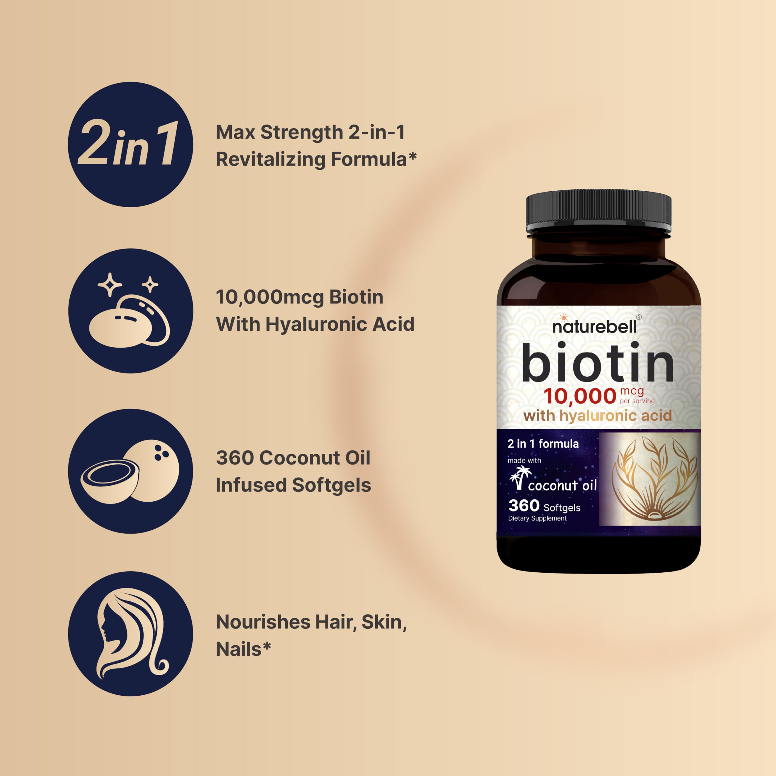 NatureBell Biotin 10000mcg + Hyaluronic Acid 25mg | 360 Coconut Oil Softgels, Premium Biotin Supplement for Hair Skin and Nails* — Amazon image 3