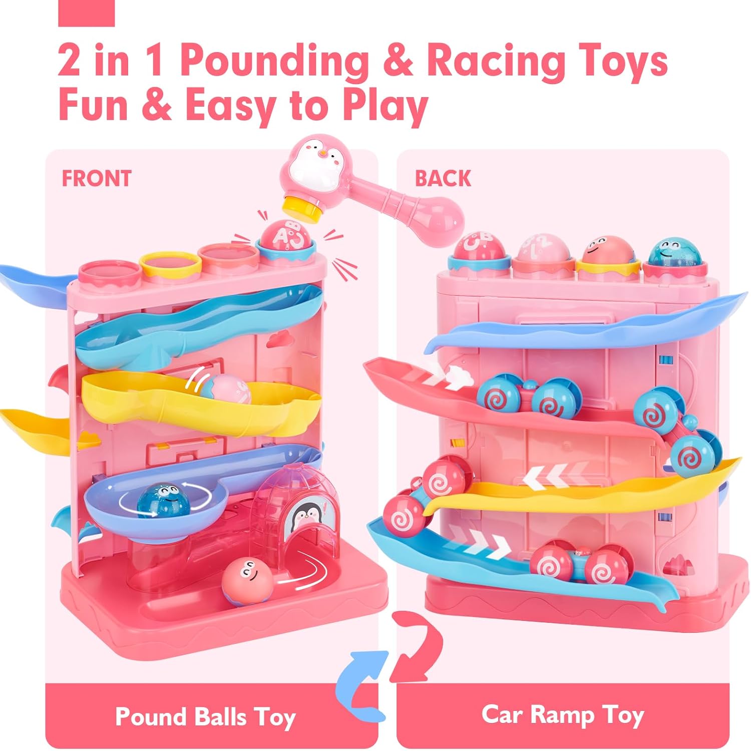 hahaland Toys for 1 Year Old Girls - 2 in 1 Pound & Roll Balls Toy & Car Ramp Race Track Toddler Toys - Baby Toys 12 Months - Early Developmental Hammer Montessori Toys Gifts for 1 2 3 Year Old Girls 3