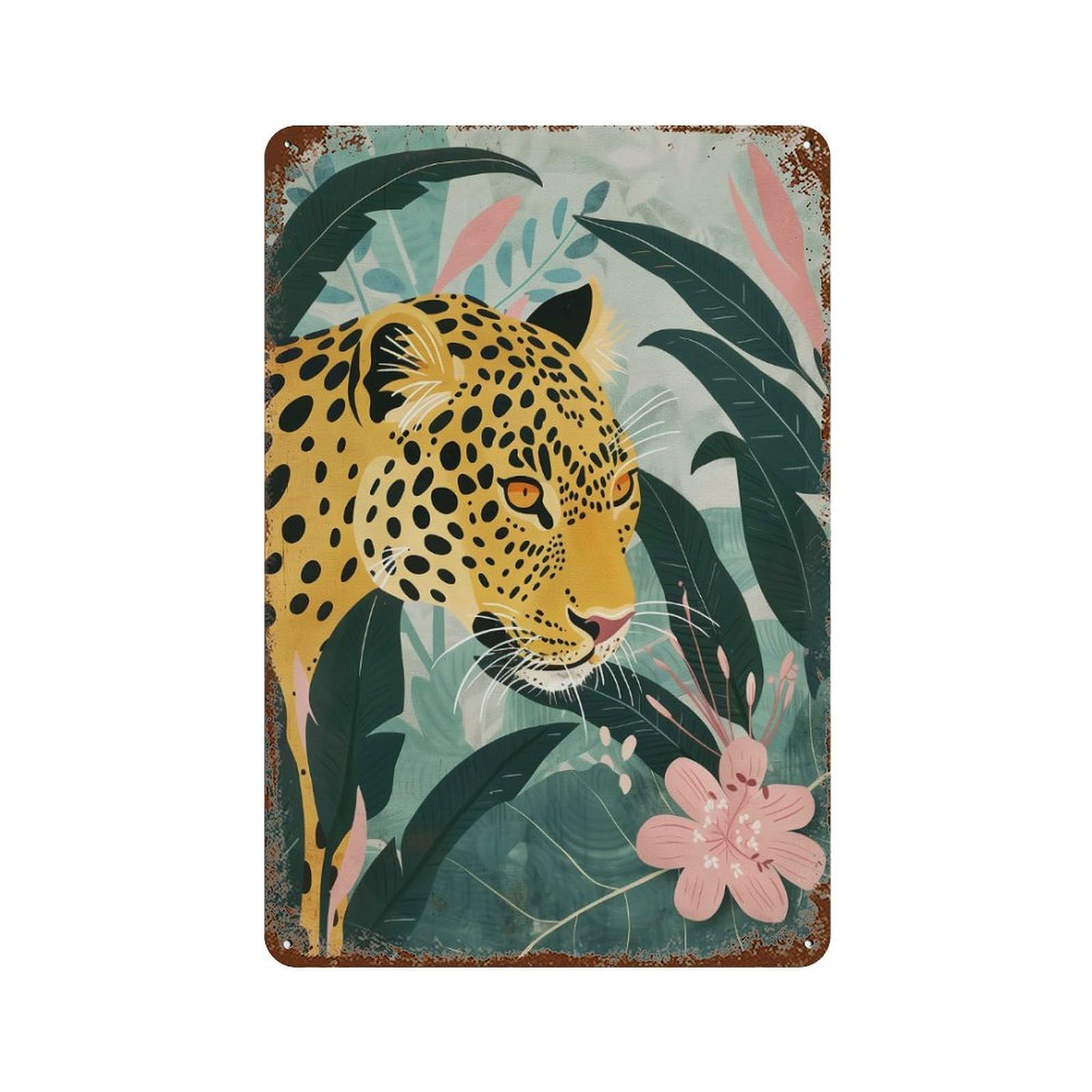 Leopard Tropical Jungle Rustic Tin Plaque 11.8"x7.9", Industrial Home Decor for Pub, Kitchen And Man Cave Decor