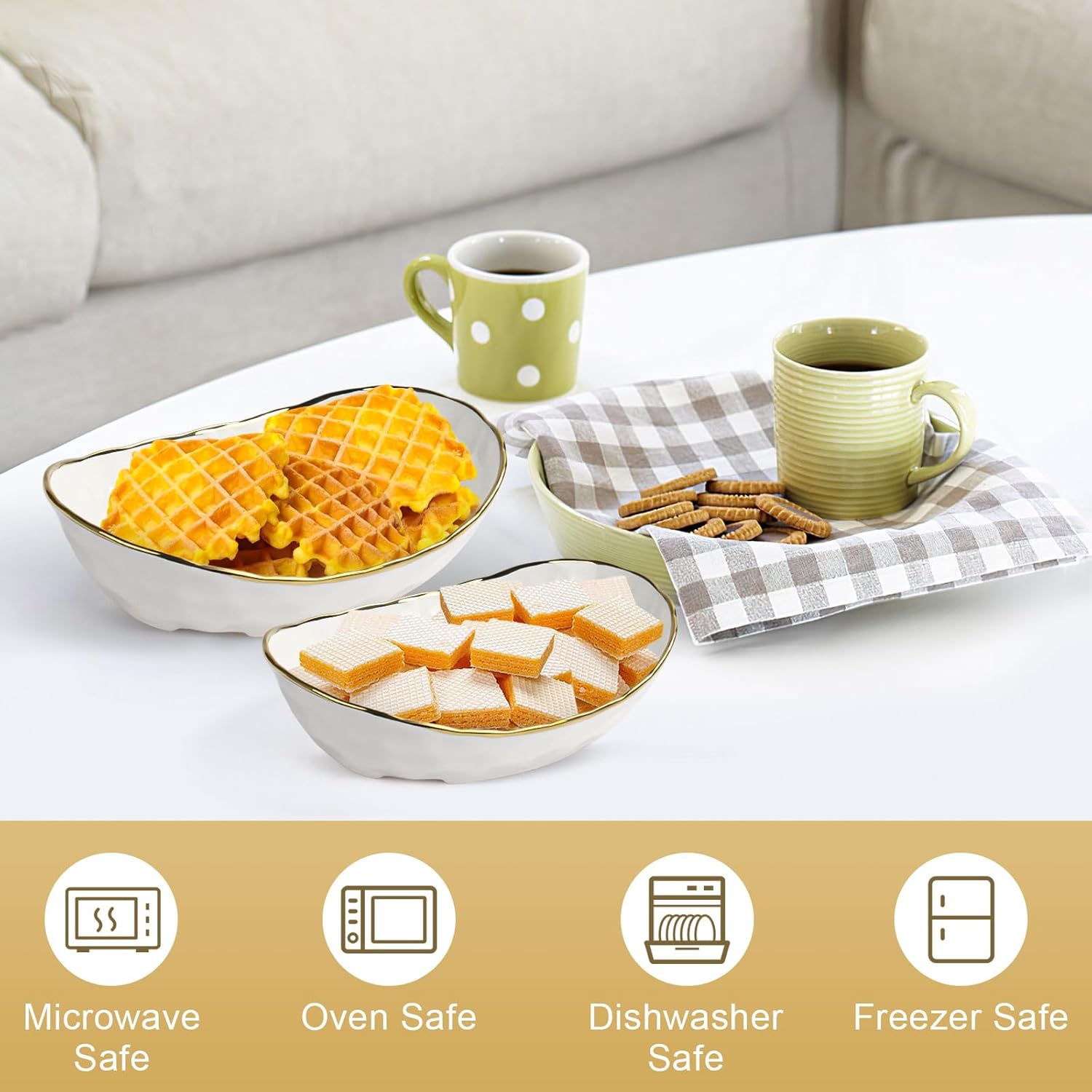 Fruit Bowl for Kitchen Counter, 2 Tier Fruit Basket for Counter, Ceramic Fruit tray, Tiered Holder with Metal Stand, Modern Detachable Rack for Vegetable Snack Dessert Storage (Gold&White)