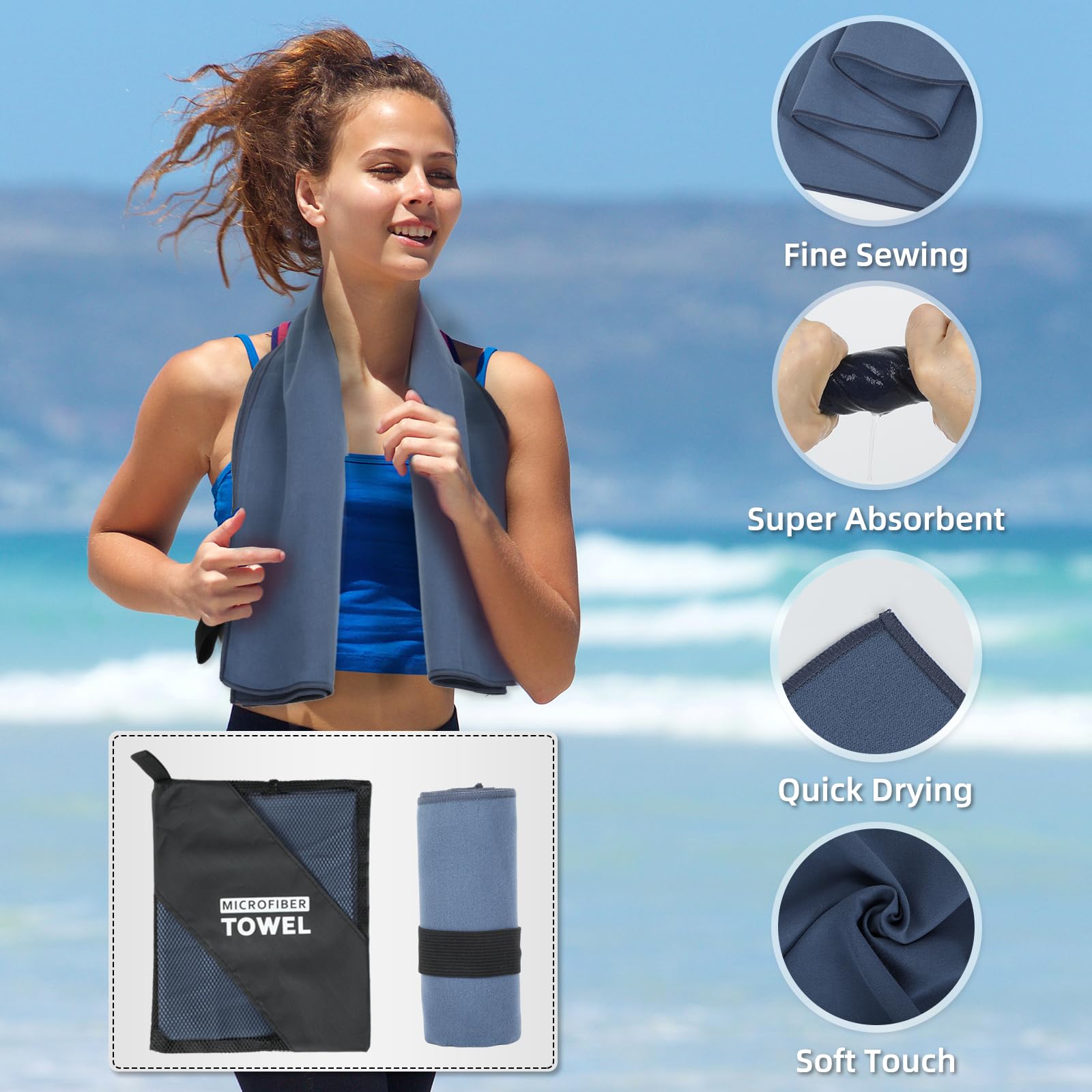 Toalla de camping, de secado rápido, ligera, compacta, absorbente (azul marino)