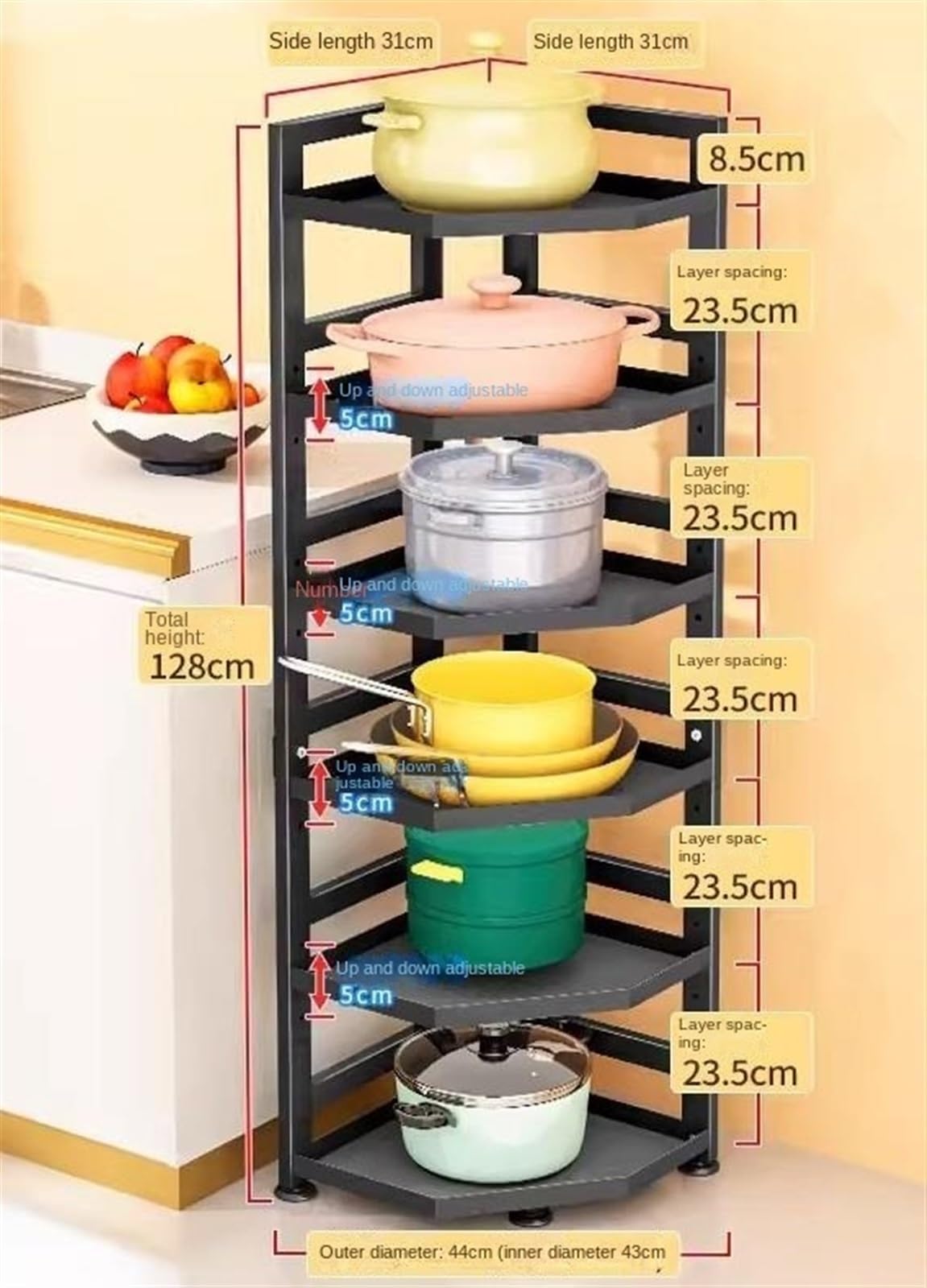 Scaffale ad Angolo, Scaffale Angolare A 6 Ripiani In Acciaio Al Carbonio Per Pentole Da Cucina, Supporto Per Cucina, Bagno, Soggiorno Scaffale Multiuso Portavasi