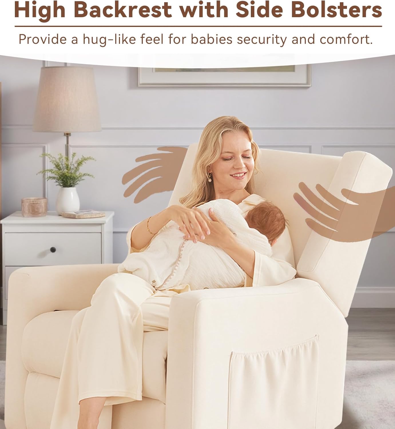 Tbfit 360° Swivel Recliner Chair, Nursery Rocking Chair with Lumbar Support & Footrest for Bedroom, Comfy Upholstered Armchair with Pillows & Storage Bag for Living Room, Beige Beige Hidden Ring Switch image 5 of 9 B0DXFNFZ3P