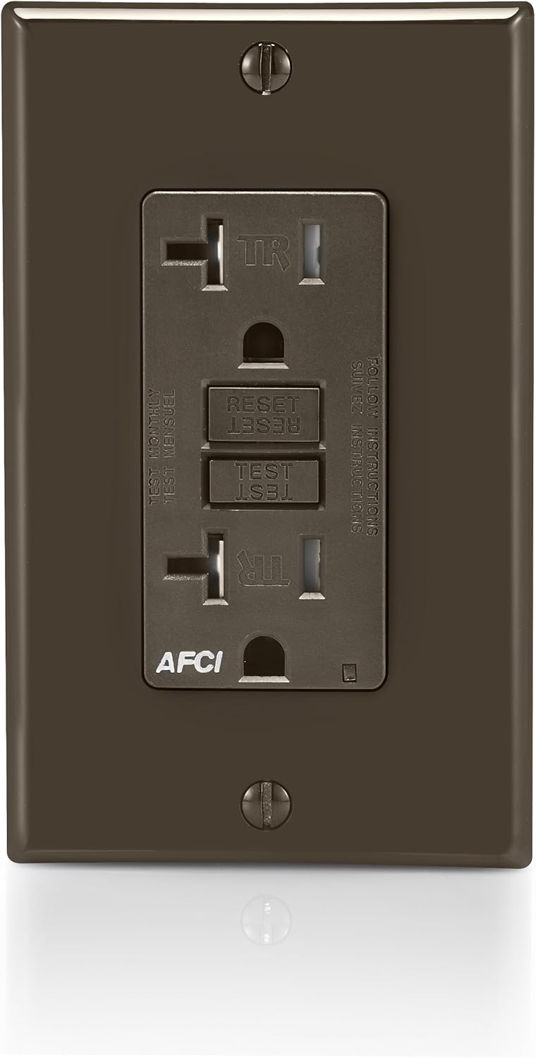 Leviton AFCI Outlet, 20 Amp, Self Test, Tamper-Resistant with LED Indicator Light, Protection from Electrical Fires, AFTR2, Brown