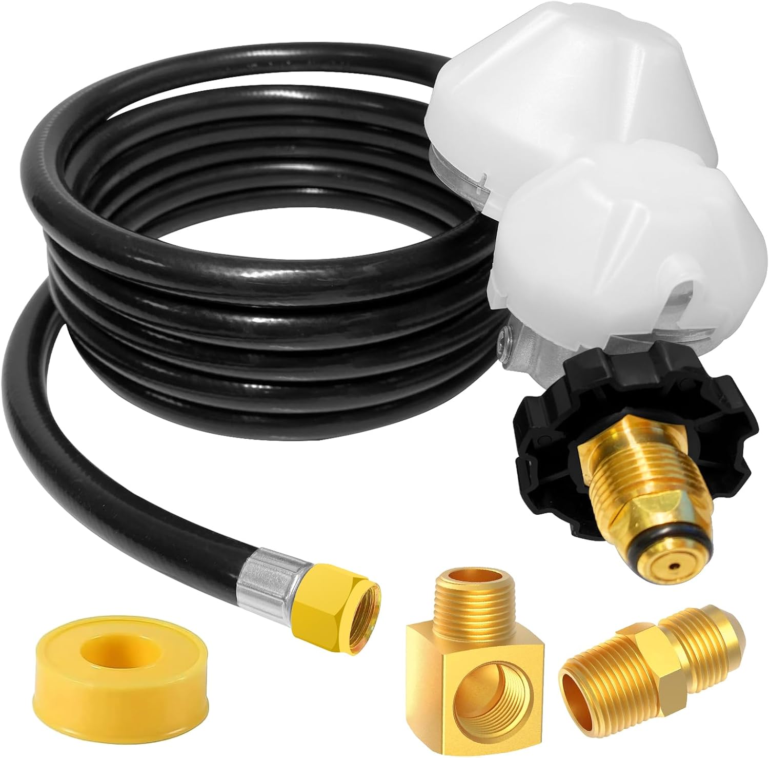 12FT F273684 Propane Hose with 2-Stage Regulator, POL Fitting, 3/8in MP x 3/8in MF Fitting & 3/8in Female x 3/8in Male Street Elbow, for Vent-Free Heater, RV, Stove, Generators, Grills Etc.