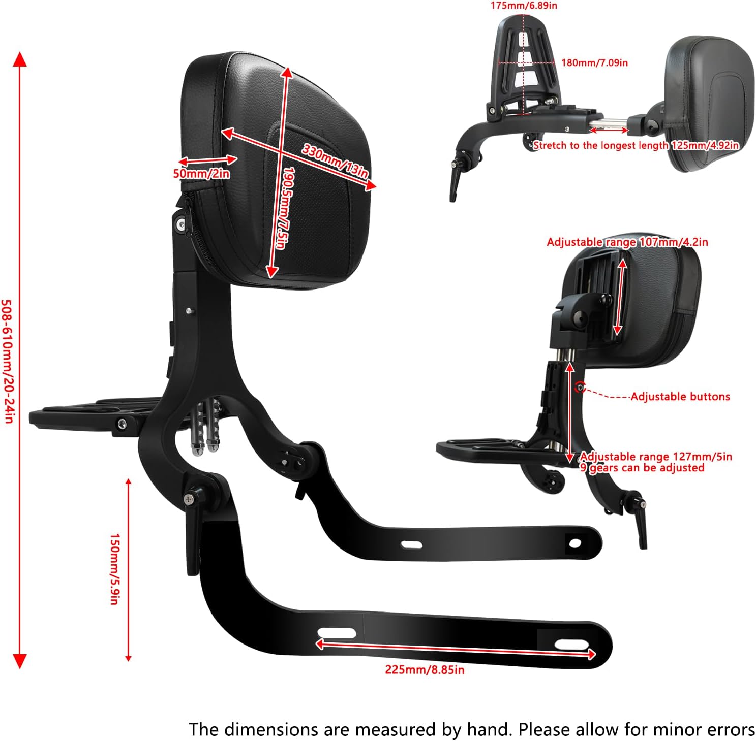 Motorcycle Multi Purpose Rider Passenger Sissy Bar Backrest w/Luggage Carrier Rack Adjustable Rotatable Back Cushion Pad Fits for Harley Davidson Street 750 Street 500 XG750 XG500 2014-2022 Black