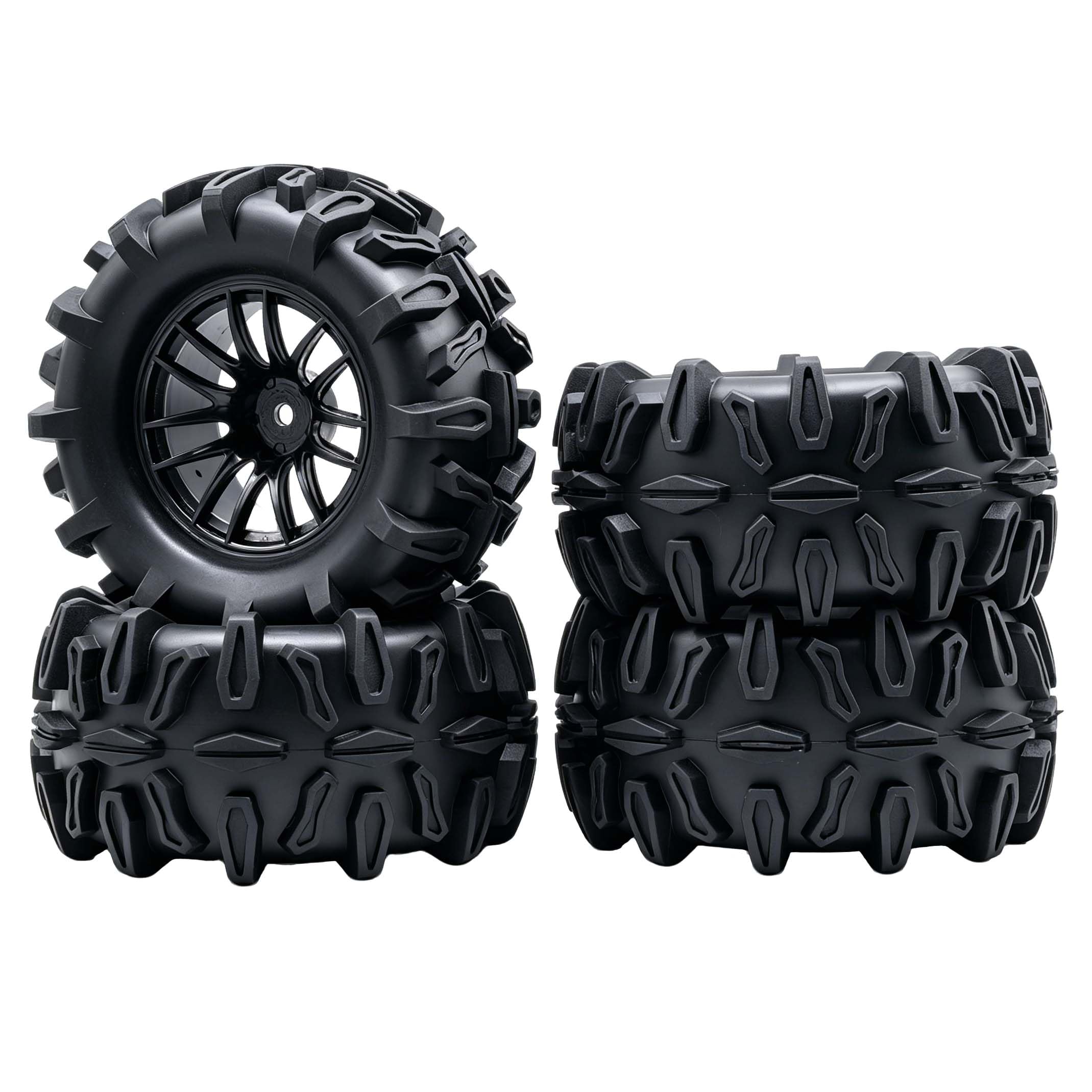 KEEDA 90mm Tyres and Wheels for 1/10 1/12 RC Crawlers (14-Spoke, Black)