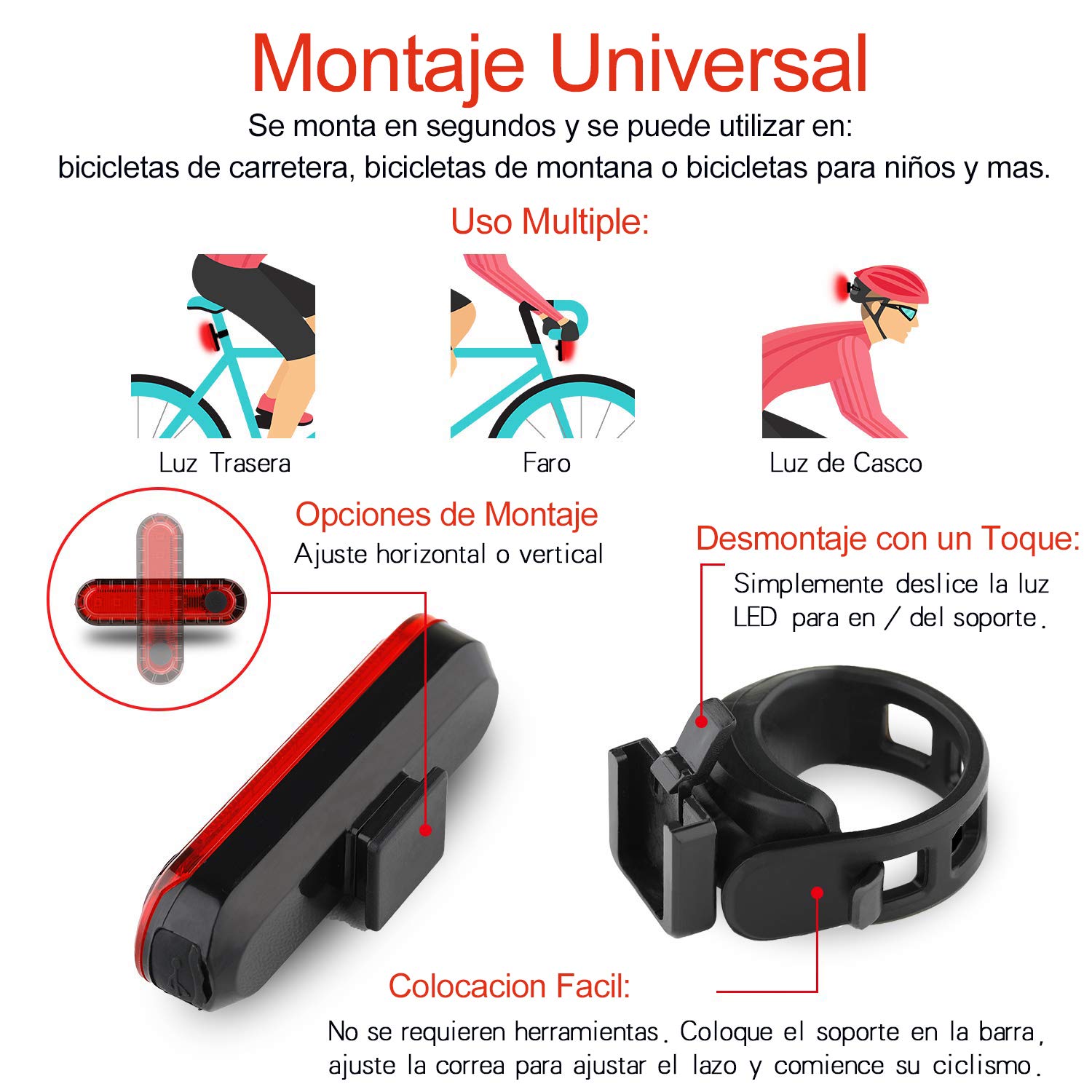 Luce posteriore per bicicletta (2 pezzi), luce di sicurezza USB ricaricabile ultra brillante LED rosso facile da installare ad alta intensità per bici da strada, caschi