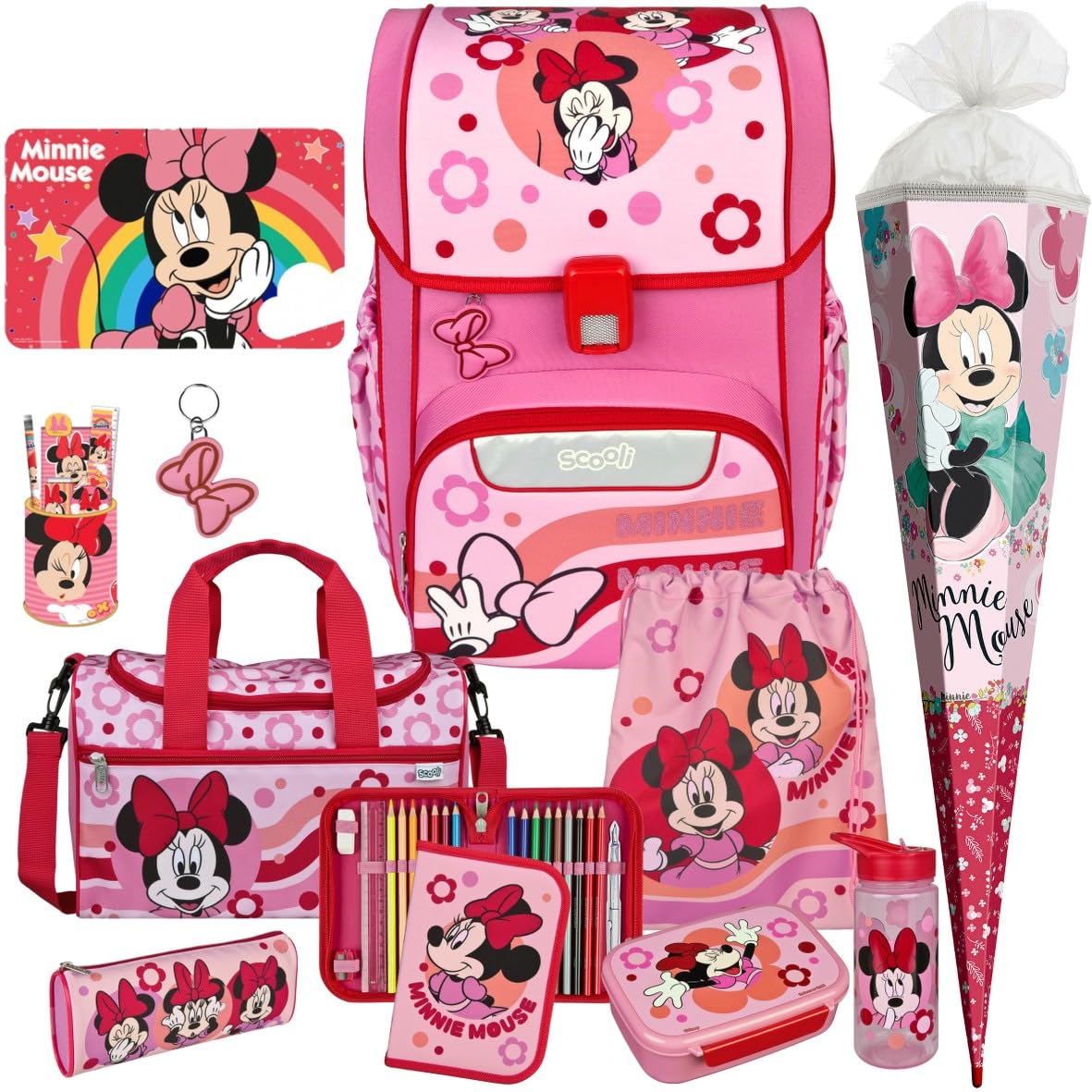 Scooli Schulranzen 1.Klasse Mädchen EasyStart Schulranzen-Set geeignet für Minnie Mouse-Fans (11tlg. mit Sporttasche, Brotdose, Trinkflasche, passend Stifteköcher, Platzdeckchen, Schultüte)