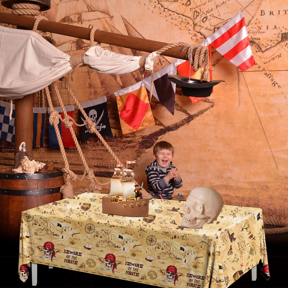 3 manteles de fiesta pirata, mapa del tesoro, decoración de fiesta de cumpleaños pirata, desechable, cuidado con el pirata, cubierta de mesa temática para fiestas de navegación pirata