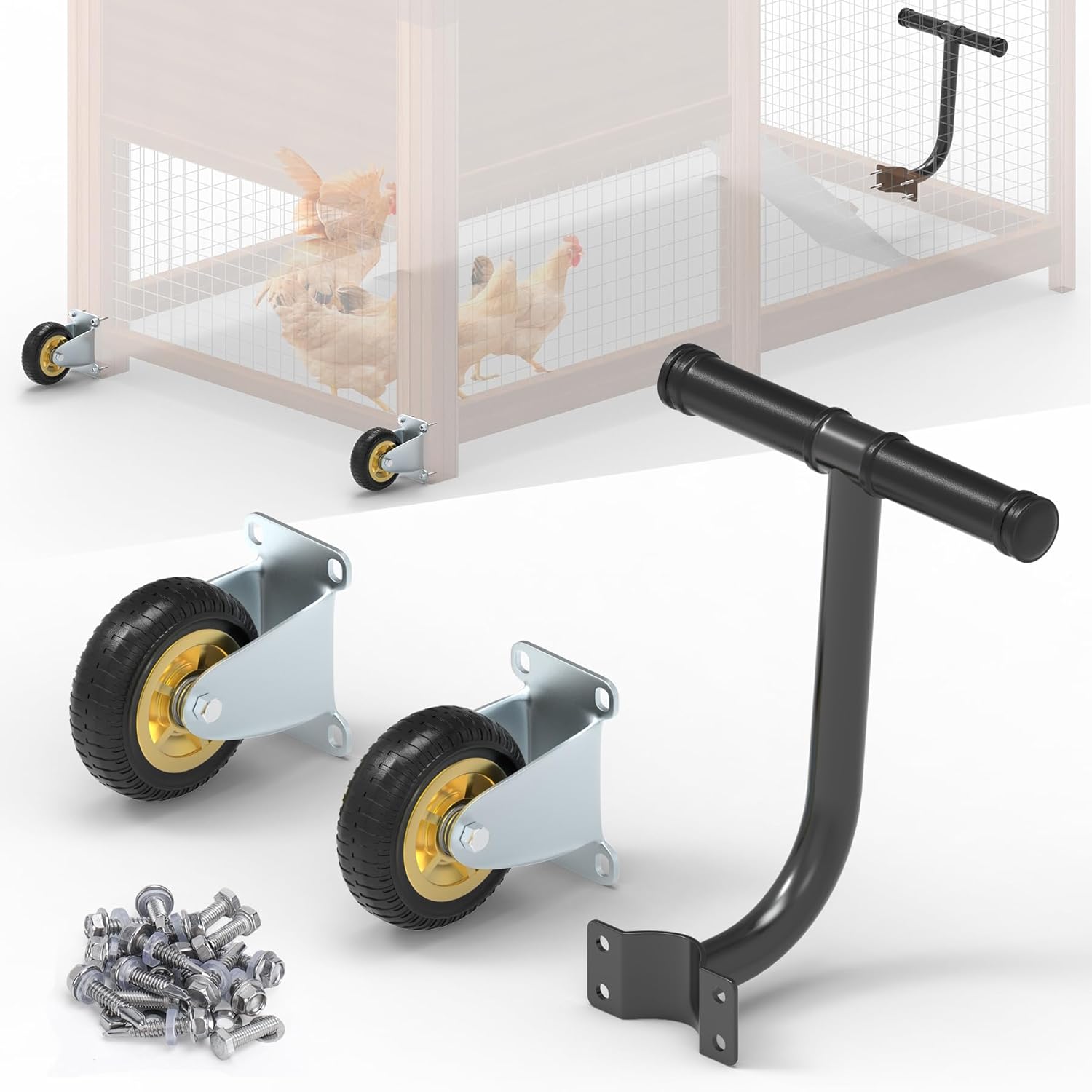 Chicken Coop Wheels Kit, 2 Pack 4" Fixed Caster Wheels & A Pull Handle, Fit for Mobile Chicken Cage, Chicken Tractor & Poultry House, Portable Chicken Coop Accessories, Easy to Use
