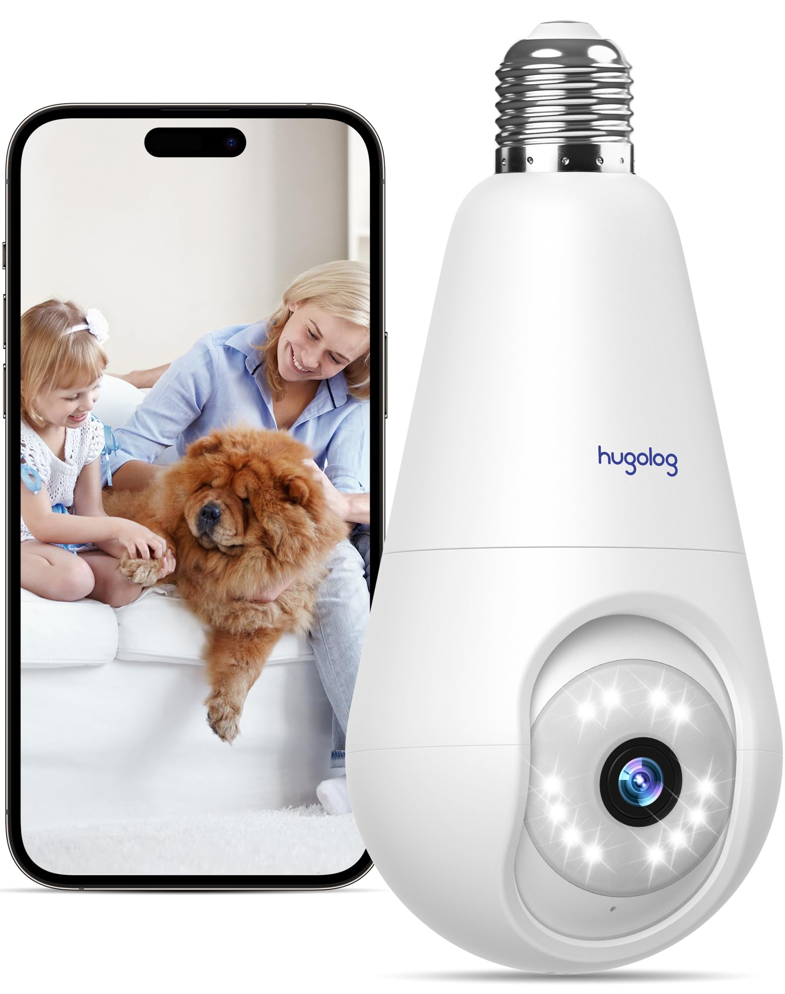 Hugolog 2K Light Bulb Security Cameras Wireless Outdoor-2.4GHz Cameras for Home Security Indoor with AI Motion Detection,Clear Color Night Vision,360°