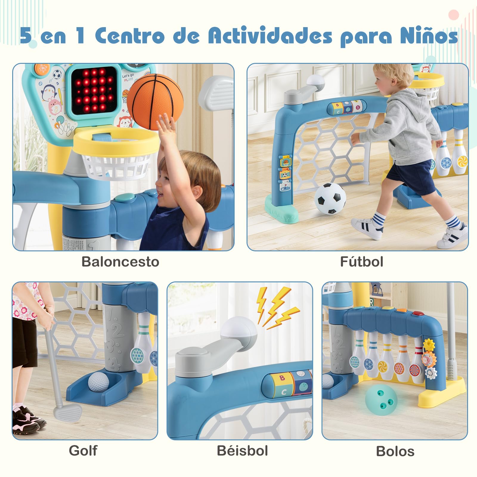 COSTWAY Juguete Deportivo 5 en 1 para Niños, Centro de Actividades para Niños con Aro de Baloncesto Ajustable, Meta de Fútbol, Golf, Bolos y Béisbol, Juguete Interactivo con Luces y Sonidos