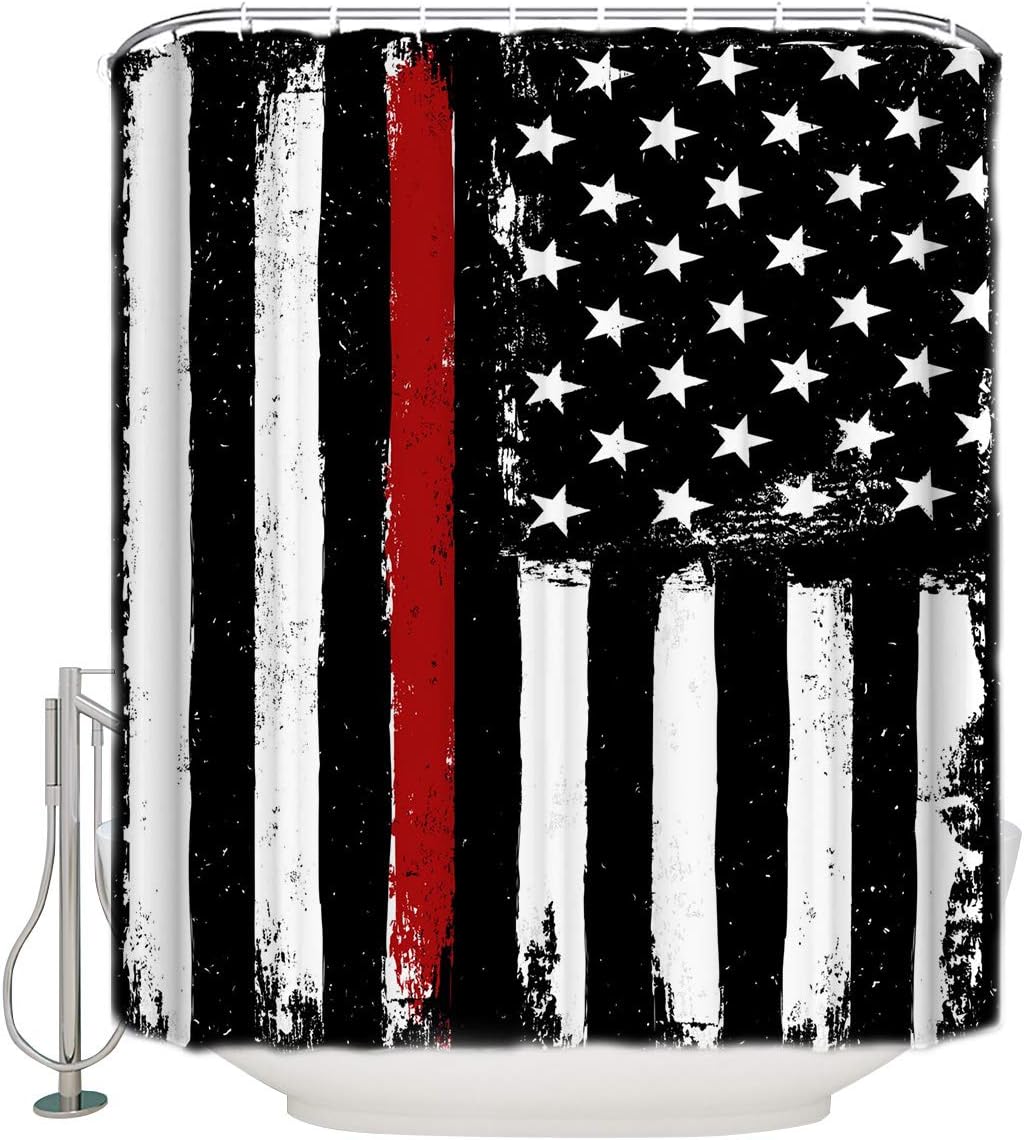 Z&L Home Black White and Red American Flag Shower Curtains for Bathroom Decor Honoring Firefighters Redline Polyester Fabric Waterproof Bath Curtain Set with Hooks
