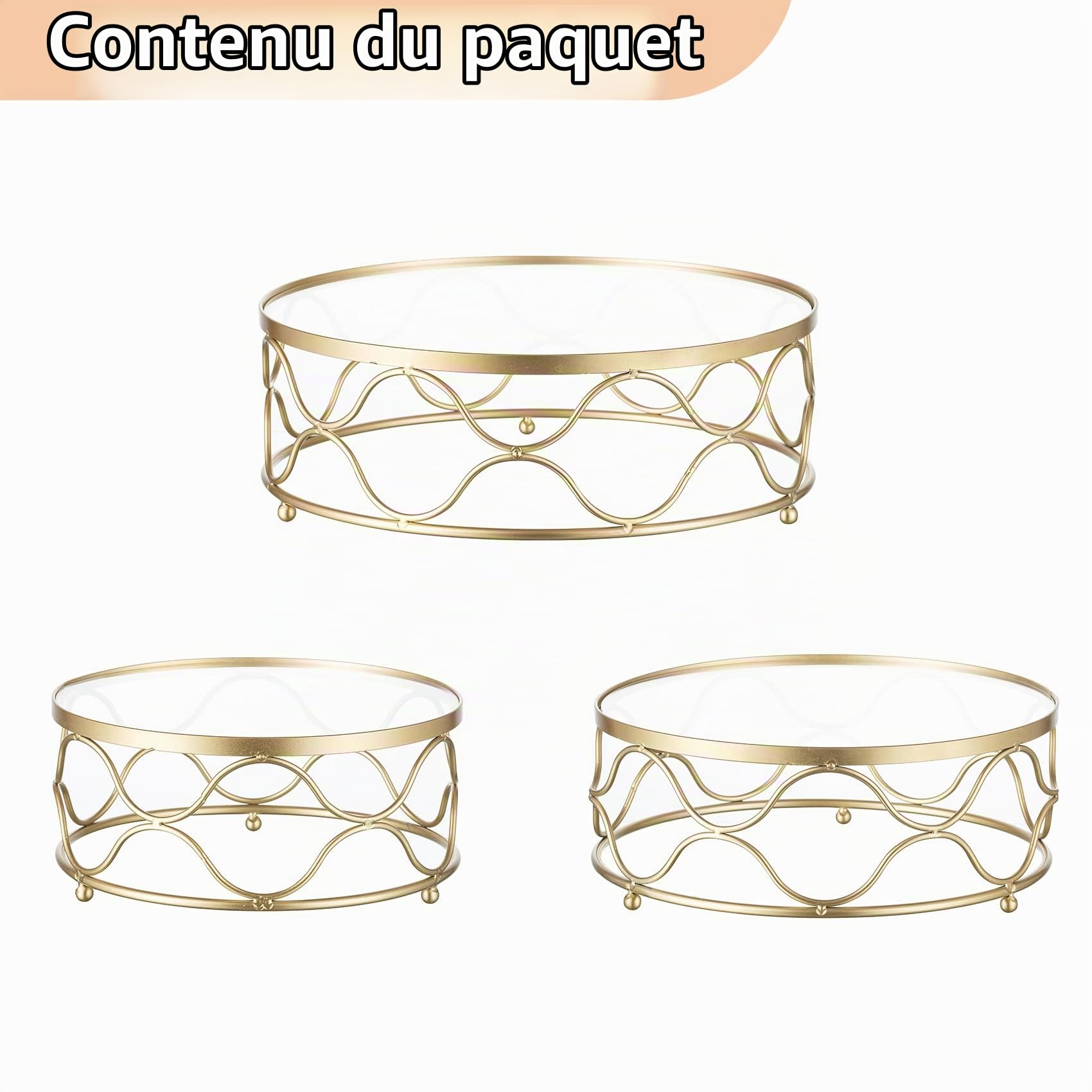NUPTIO Presentoir A Gateau Rond Doré: 3 Pièces Support Gateau Métal pour Plateau À Dessert Géométrique avec Panneau Acrylique pour Mariage Anniversaire Fête Douche de Bébé Noël