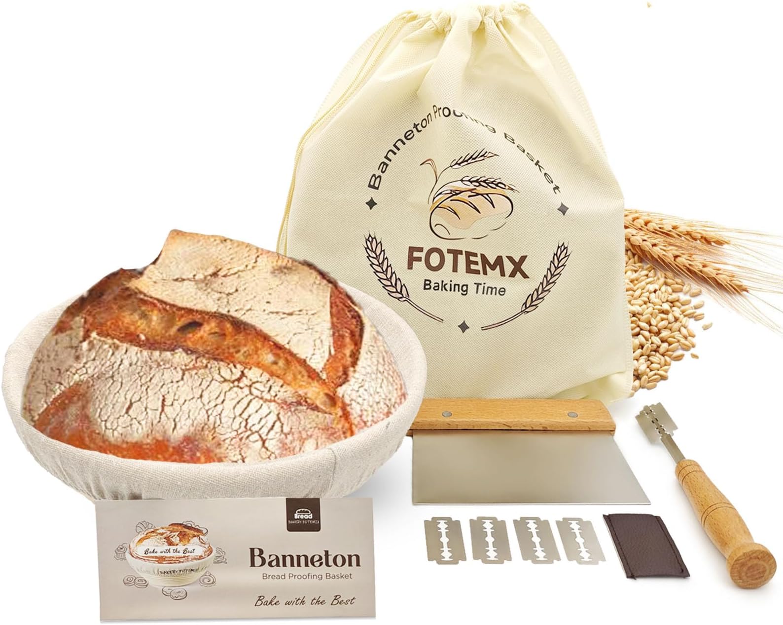 Sourdough Proving Basket Kit, Natural Rattan Round Banneton Proofing Basket with Bread Lame, Dough Scraper, Cloth Liner, 9 inch Round