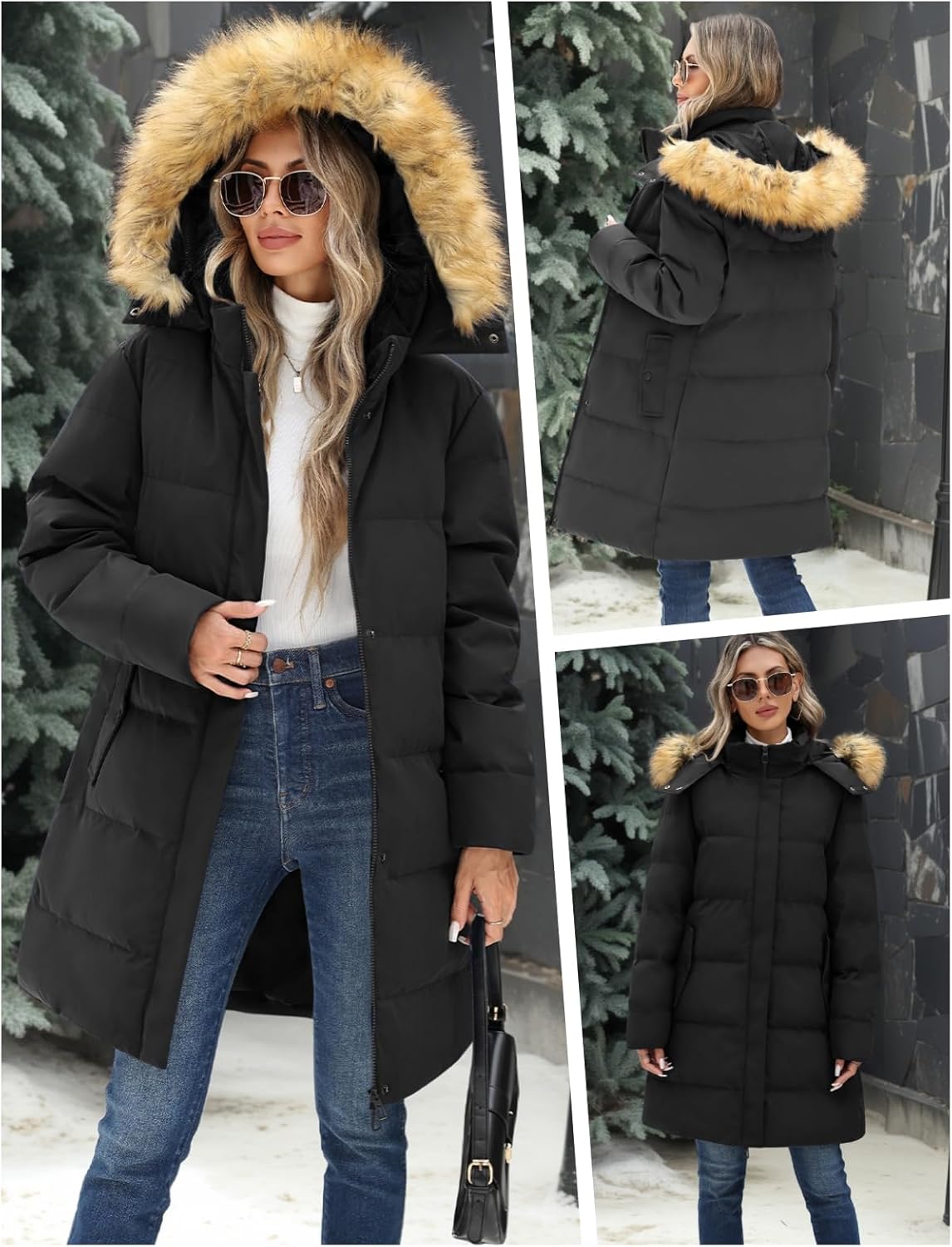 Wiepux Women's Long Winter Puffer Coat Warm Jacket with Faux Fur Removable Hood Windproof Parka Outwear - Image 2