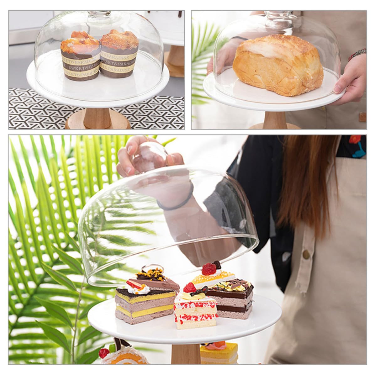KICHOUSE Alzatina per Dolci con Coperchio, Piccolo, per Torte e Muffin | Vetro, Ceramica e Legno, per Compleanni e Matrimoni, per Esporre e Conservare Pasticceria