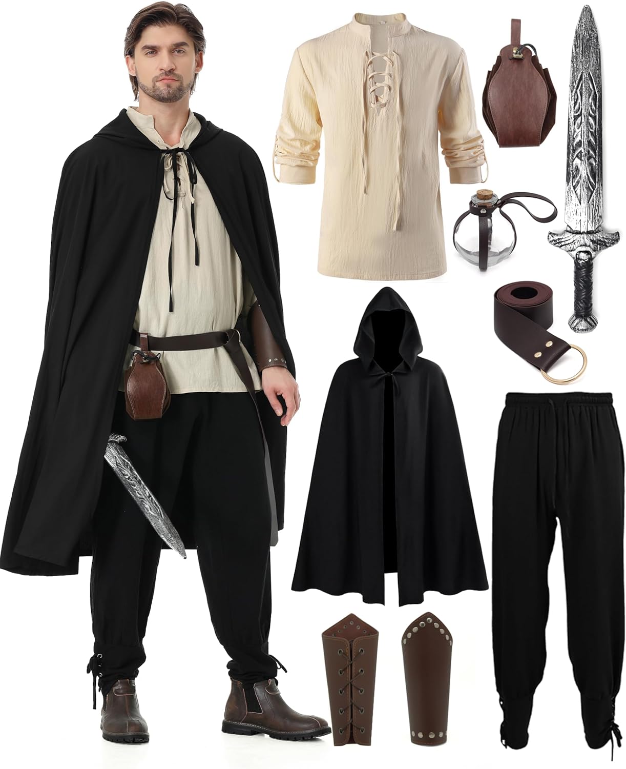 9Pcs Mens Renaissance Viking Costumes Set for Men Medieval Pirate Toys Elf Hunter Ren Faire Dress up Full Outfit Black Large