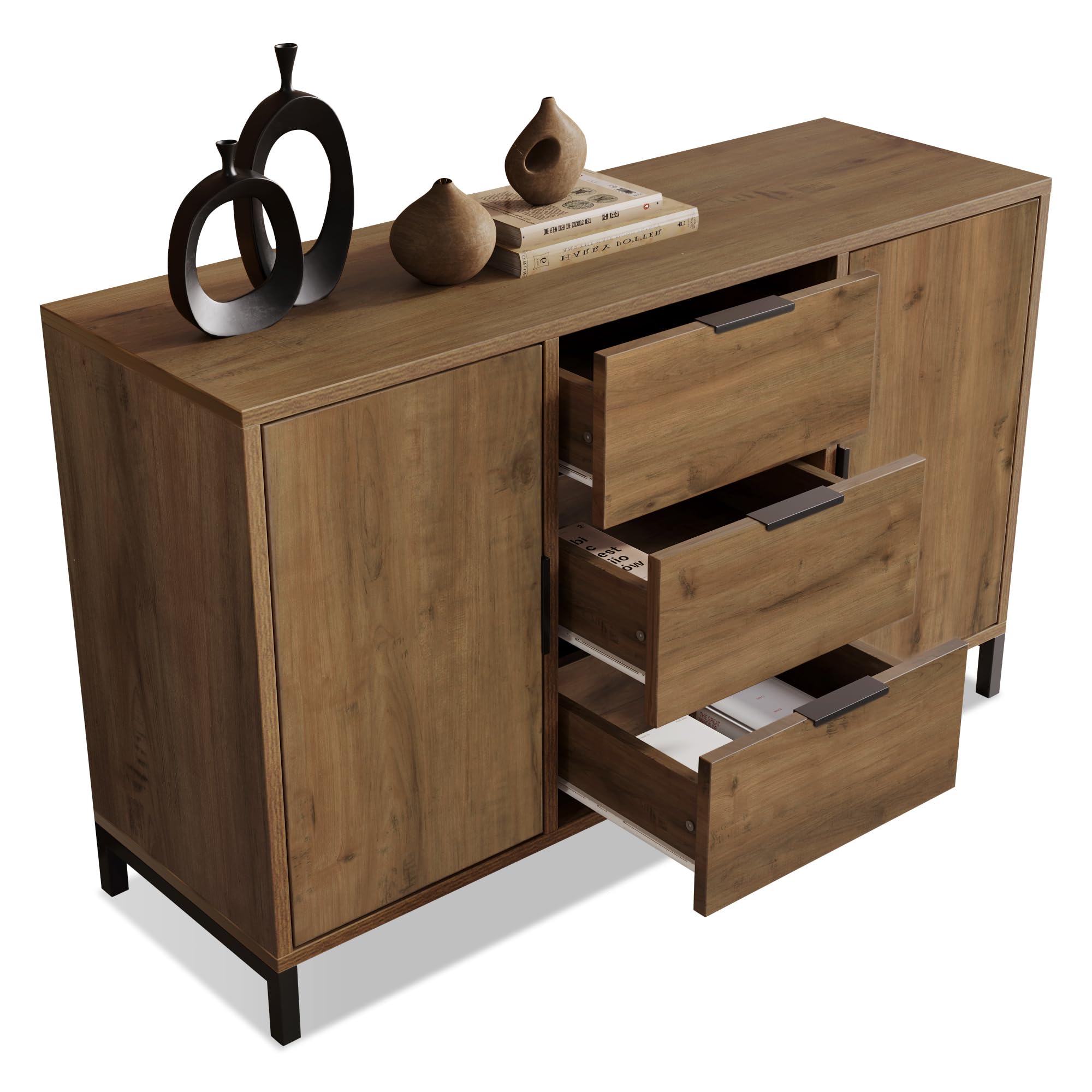 Merax Aparador cómoda con 2 puertas y 3 cajones de 120 cm, armario buffet con estante ajustable, armario de almacenamiento en roble oscuro, patas metálicas, para dormitorio, salón, 120 x 40 x 76 cm