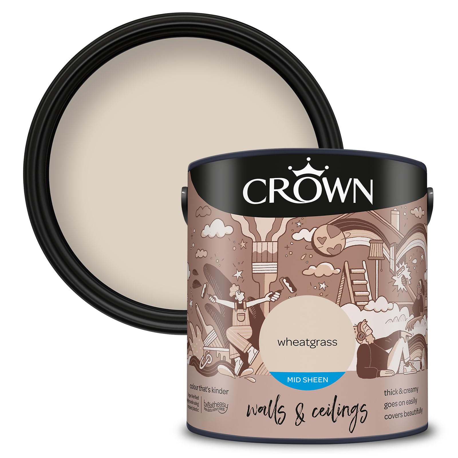Crown Wheatgrass - Mid Sheen Emulsion Paint - Wipeable, Scuff Resistant - Warm Beige Paint - Kitchen & Bathroom Paint - 2.5L