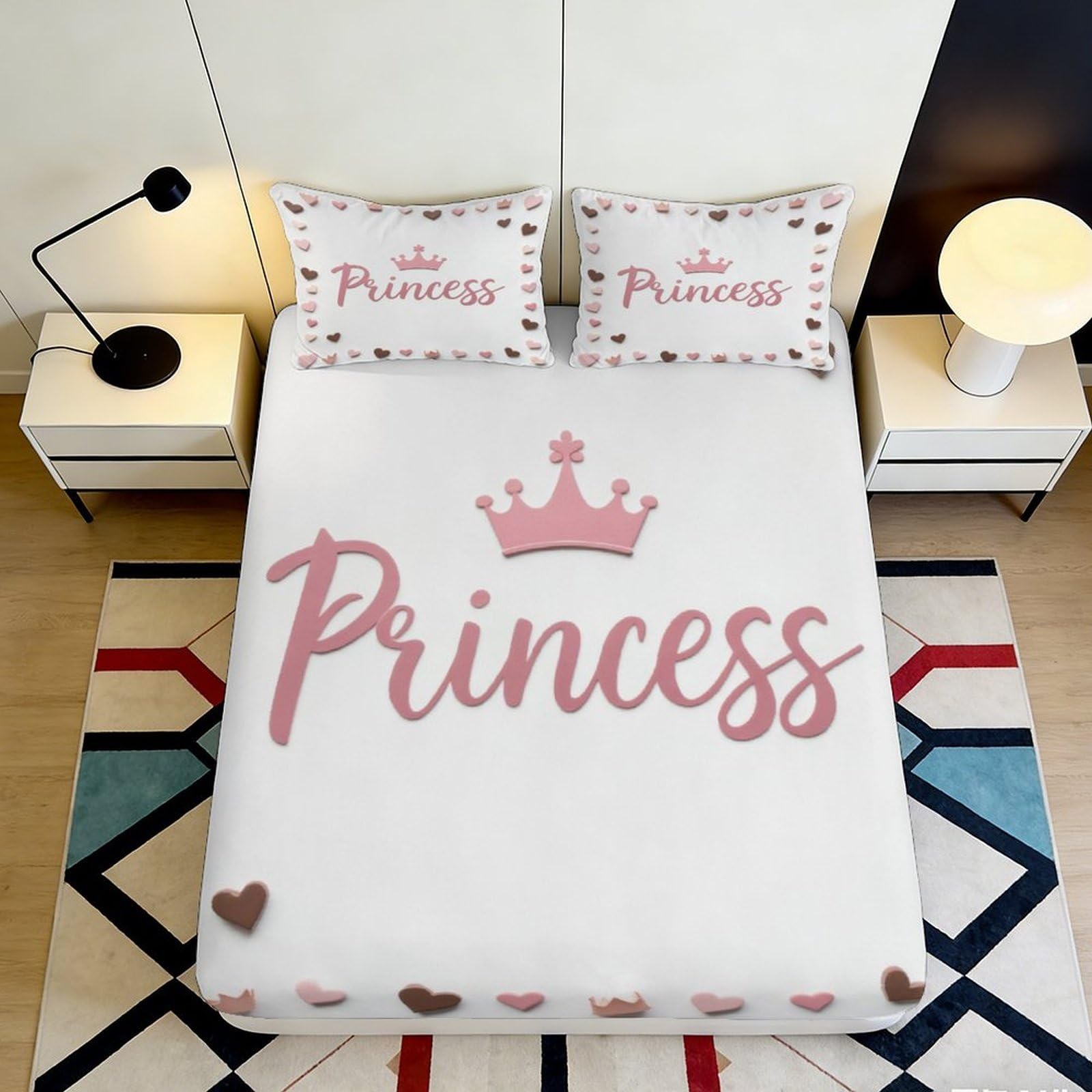 Jqzkxnhpbr Style-6 3D Printed Pink Princess Crown Fitted Sheet Microfiber Non-Slip Bedroom Bed Cover For Home Guest Room Decor, Machine Washable 90X200x25cm