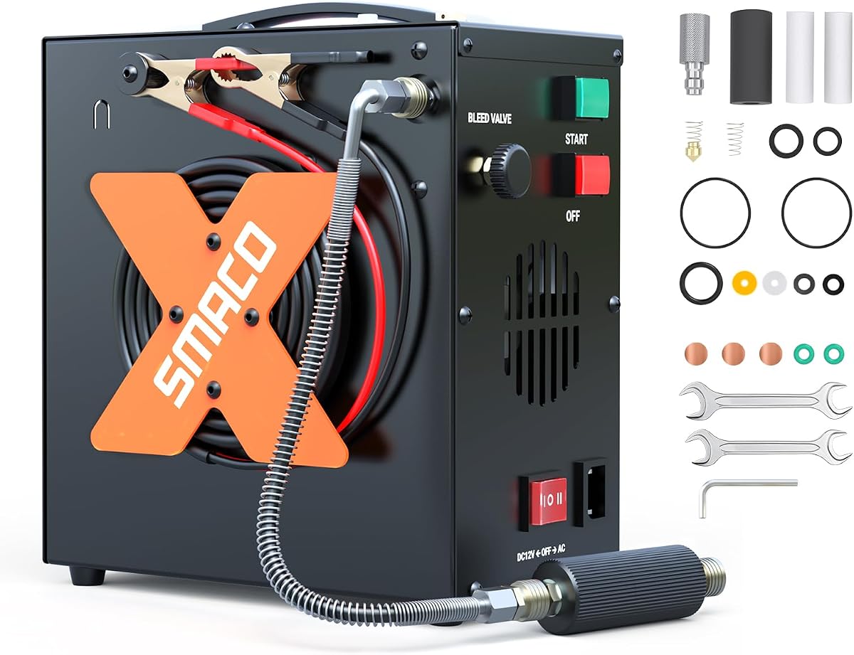 SMACO PCP Air Compressor 4500 PSI High Pressure Air Compressor Auto-Stop | Oil-Free Design, Dual Power 12V DC & 110V/220V AC, Built-in Converter, for PCP Air Rifles, Paintball & Scuba Tanks