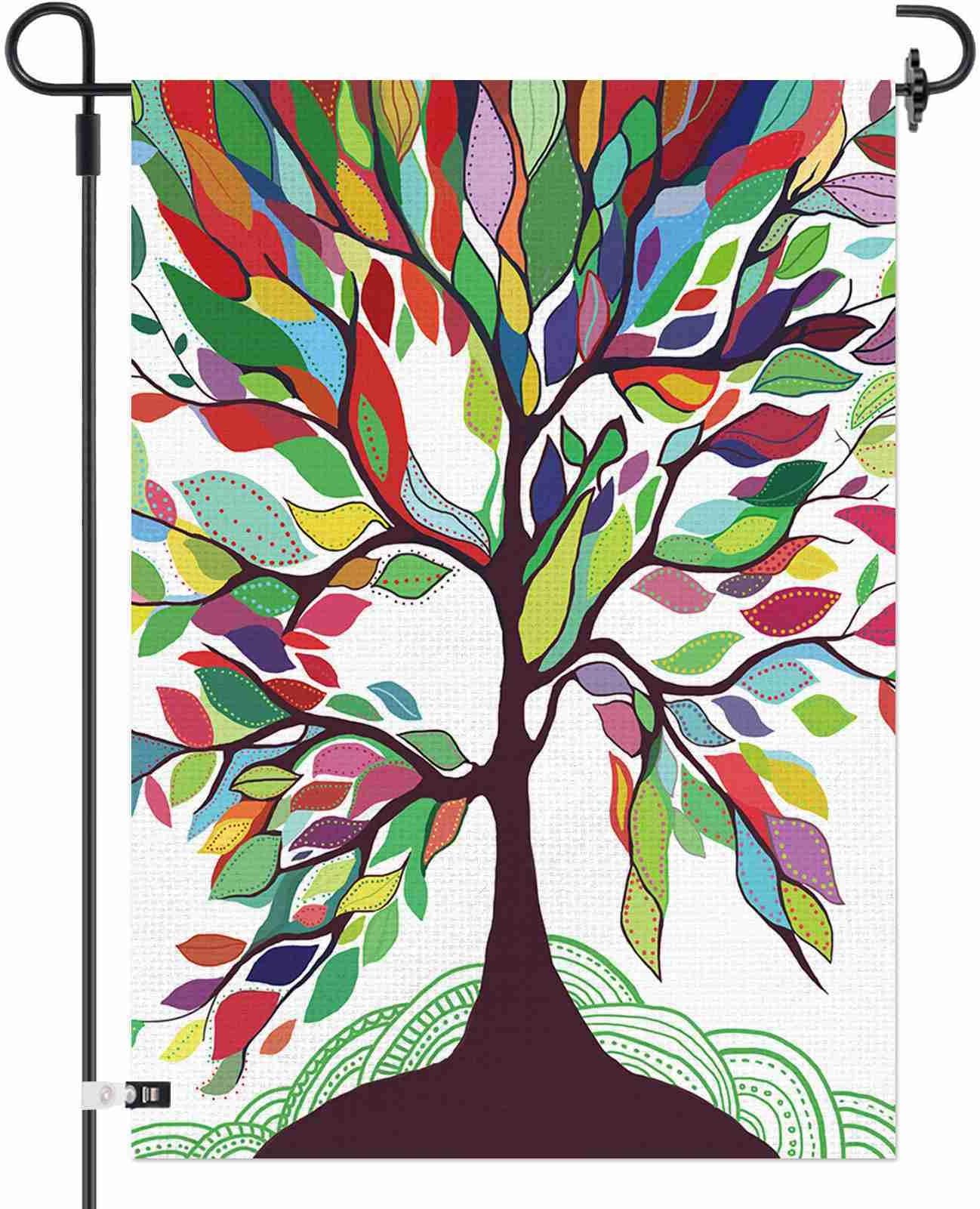 Garden Flag Colorful Rainbow Tree of Life 12×18 Inch Double Sided Burlap Decorative Yard Banner Garden Flag Holiday Flag for Party Home Outdoor Decoration (1PCS)