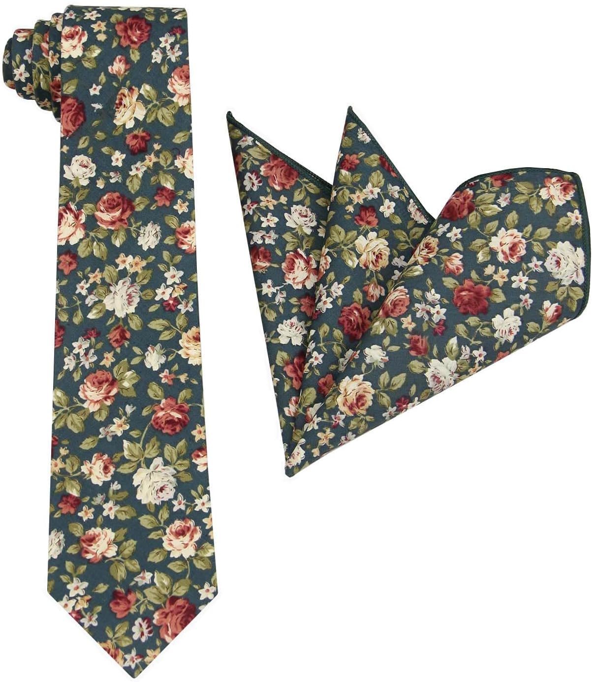 Mens Floral Print Tie Set - Necktie with Pocket Square for Men - Wedding - Groomsmen