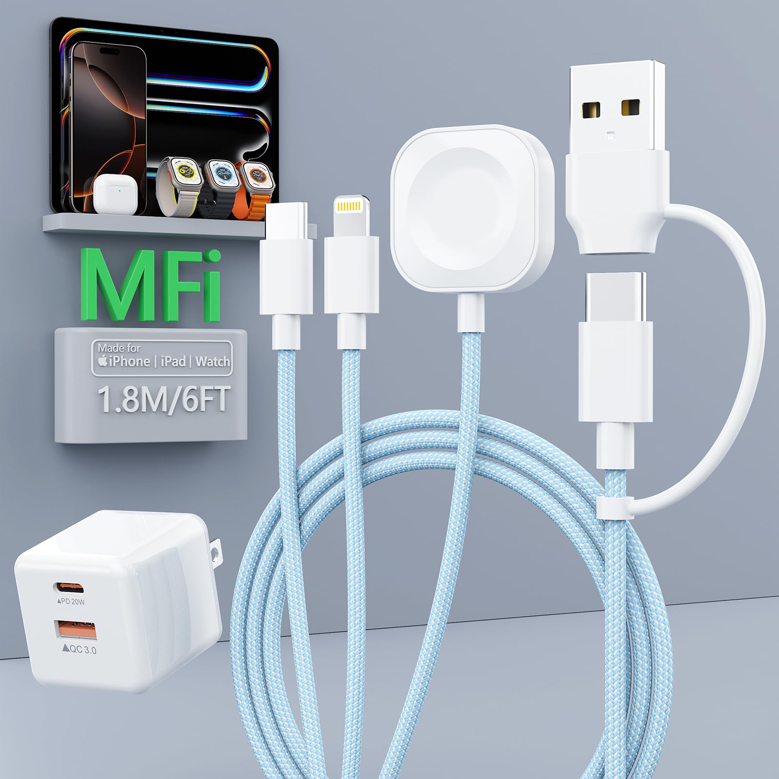 3 in 2 USB C Cable for Apple Watch Charger with 20W PD Fast Wall Plug, Upgraded Magnetic iWatch Charger USB Multi Fast Charging Cable Compatible with