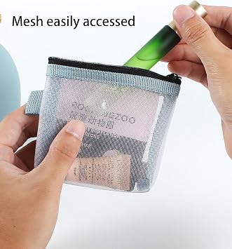 2 Pcs Mini Mesh Bag with Zipper, Small Clear Nylon Mesh Pouches, Portable Travel Makeup Organizer Bags for Cosmetic Lipstick Keys Headphones- Blue & Pink