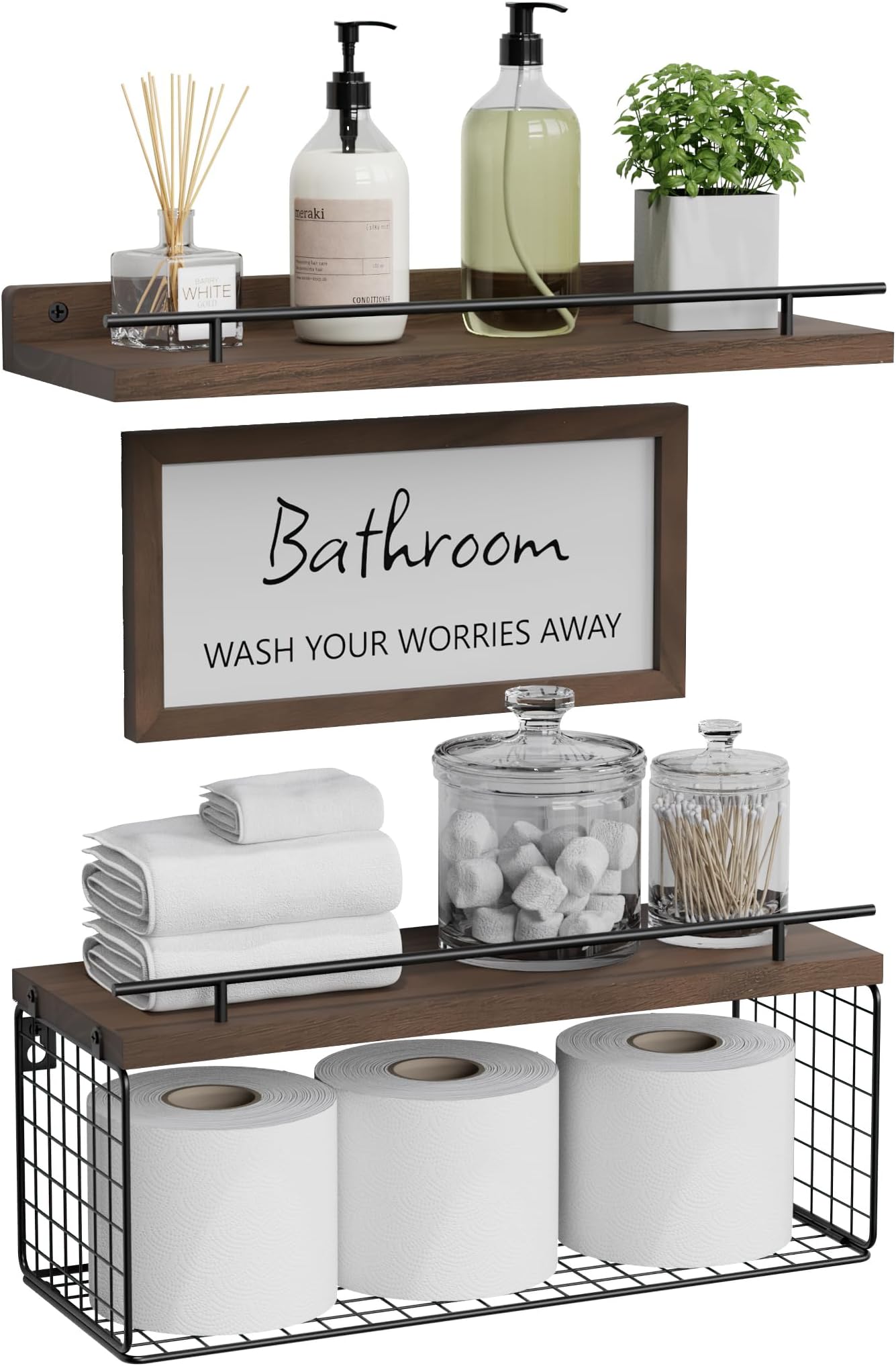Floating Shelves with Bathroom Wall Décor Sign