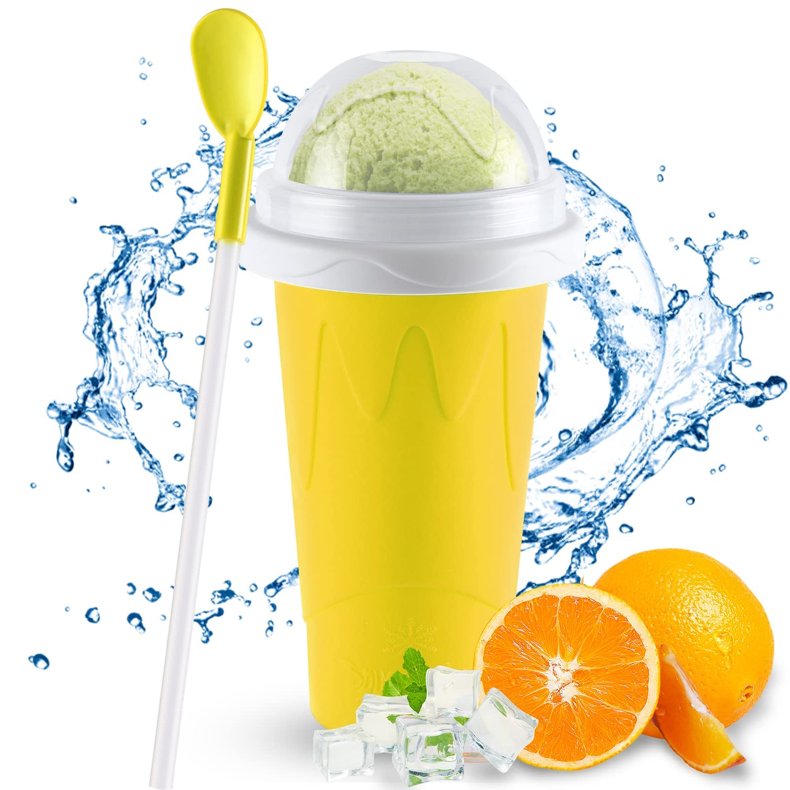 ND DIY Slushy Maker Cup Double Layers Silica Cup, Smoothie Pinch Ice Cup, Frozen Magic Squeeze Cup, Cooling Maker Cup,Freeze Mug Tools,Portable Squeeze Icy Cup (Yellow)