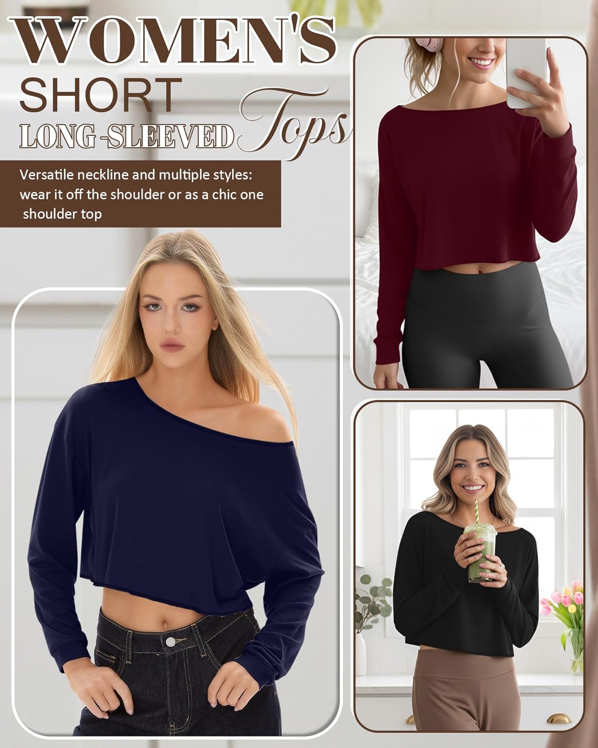 3 Pack Women's Cropped Long Sleeve Tops Boat Neck Loose Fit T-Shirts Oversized Drop Shoulder Casual Basic Tees - Image 3