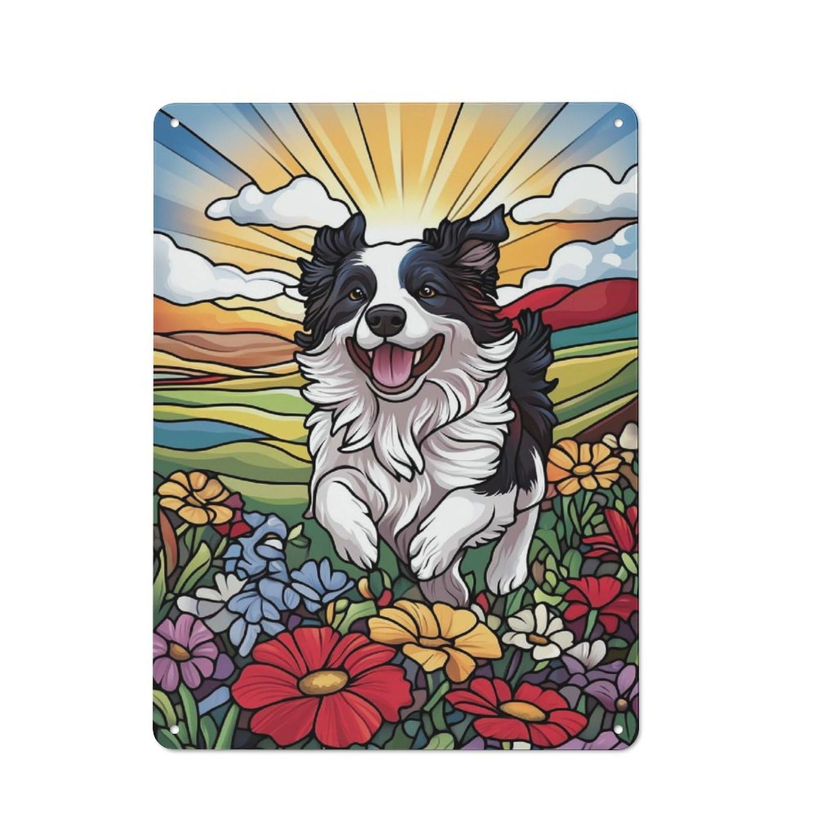 Junmoney Style-2 Tin Wall Plaque 40X30cm With Happy Border Collie In Field For Guest Room Or Hallway, For Updating Guest Room And Hallway After Moving