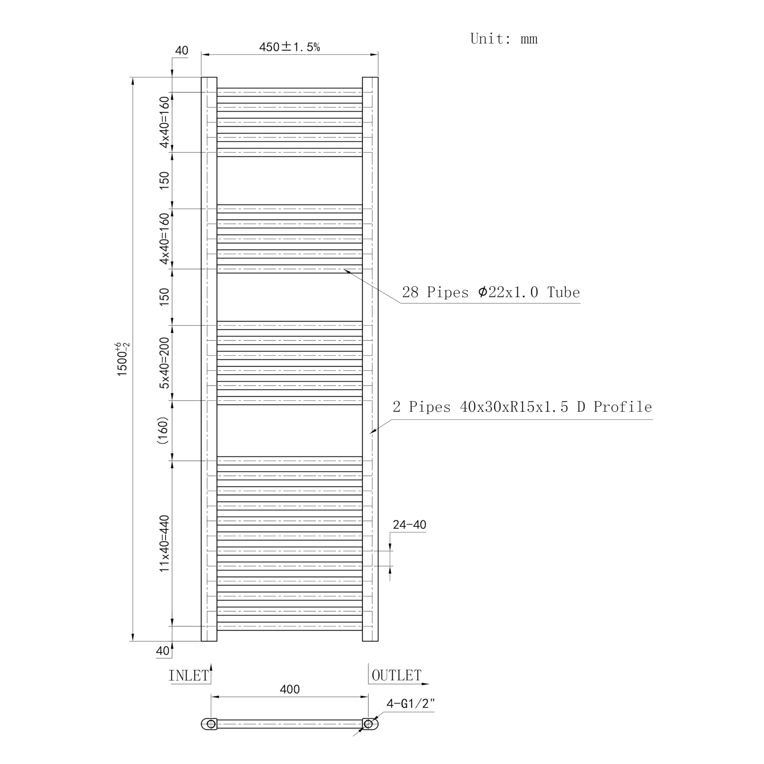 AICAIT Termoarredo Bagno Scaldasalviette Acciaio al carbonio Termosifone Antracitico 1500x450mm