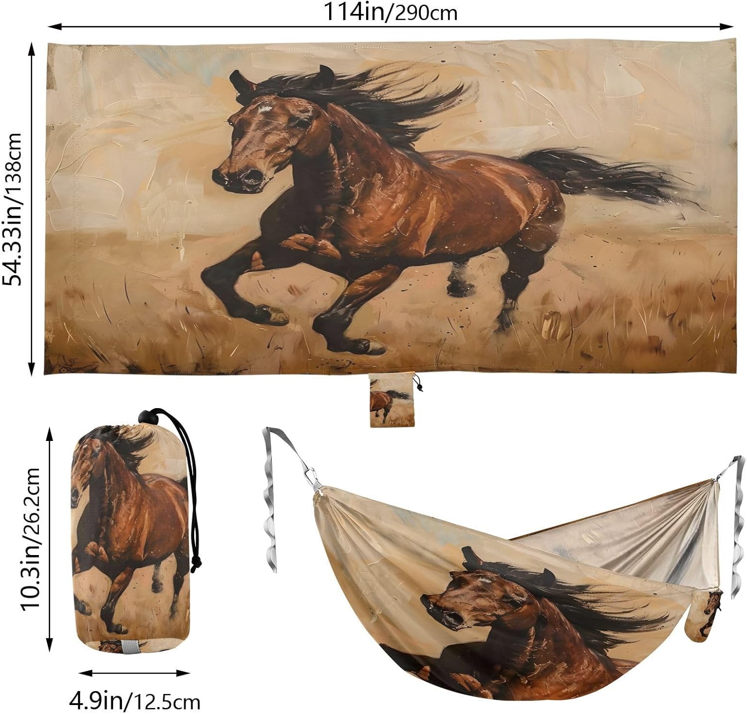 ALAZA Running Horse Camping Hammocks Single or 2 Person 500 lbs Portable Parachute Travel Hammock w/Tree Straps for Hiking Backpacking Indoor Outdoor