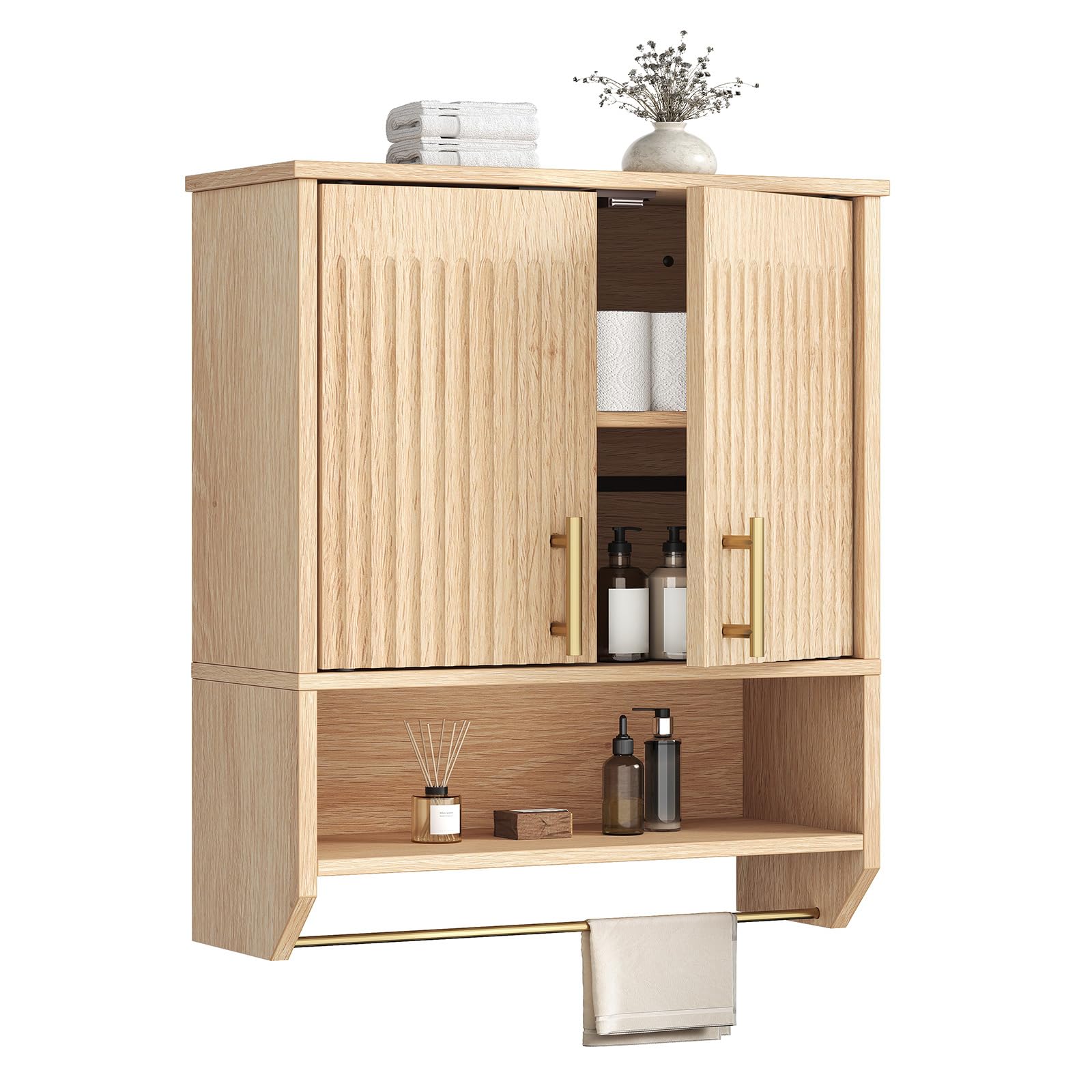 HOOBRO Bathroom Wall Cabinet, Wall Mounted Bathroom Cabinet with Towel Rack, Bathroom Storage Cabinet with Adjustable Shelf, Farmhouse Fluted Wall Storage Cabinet for Small Spaces, Natural ENL135CW01