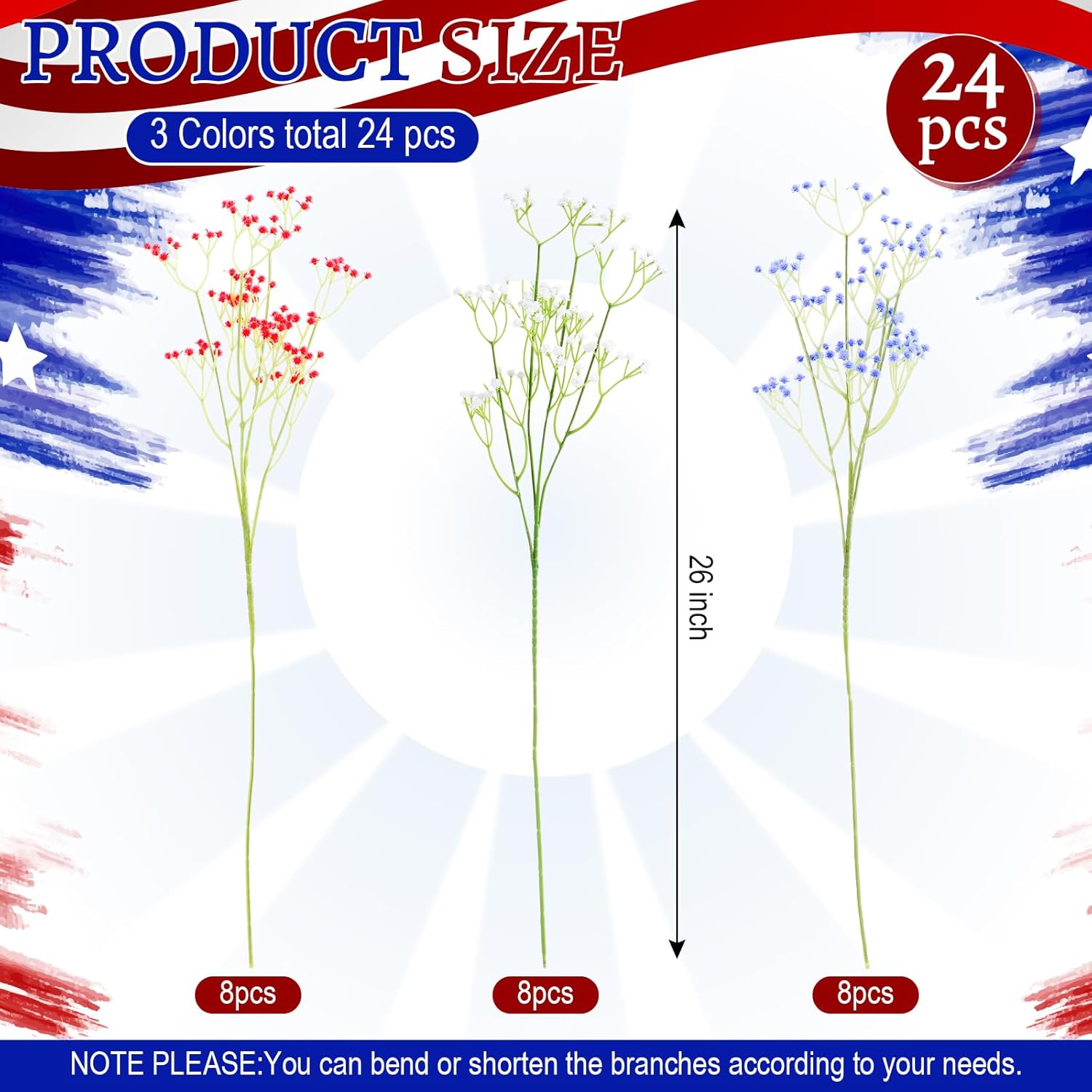 Hoteam 24 Pcs 4th of July Artificial Flowers Red Blue White Patriotic Decoration Fake Floral Arrangement for Veterans Memorial Day Independence Day Home Outdoor Table Decor(Babys Breath)