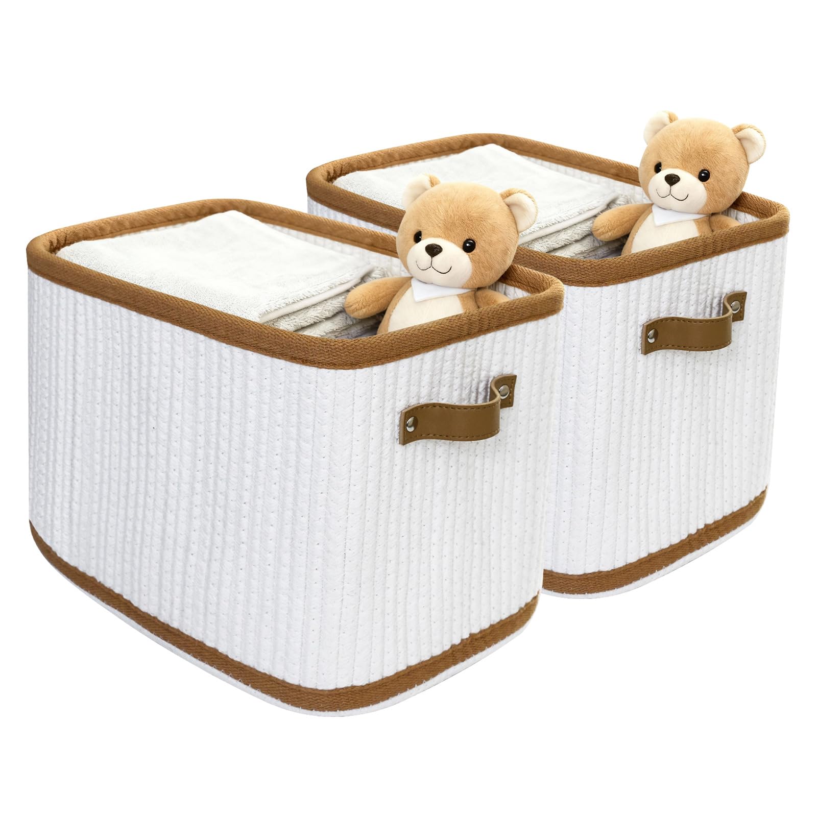Vertical Cotton Rope Basket for Shelves Book Toy Organizer, 2 Pack Sturdy Non-Deformable Woven Storage Basket with Handles, 33x25x22cm Storage Baskets for Bathroom, Living Room, White & Brown