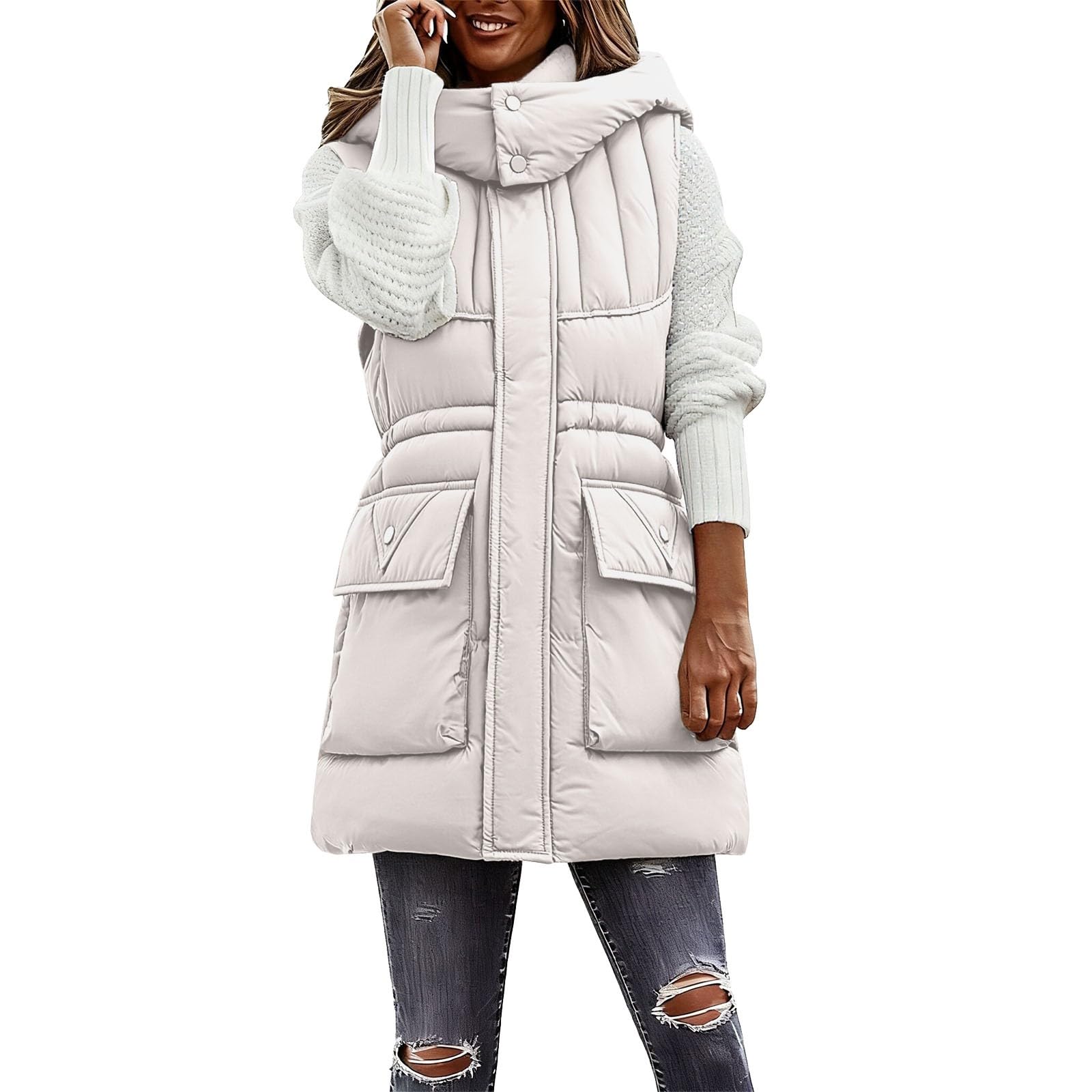 acolchado largo con cordón en la cintura, chaqueta sin mangas con capucha para calidez y estilo en invierno.