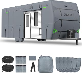 7 Layers top RV Travel Trailer Cover Rip-Stop Waterproof Camper Cover Fits 24-27ft Motorhome - Anti-UV Windproof Breathable with 4 Tire Covers & 2 Throwing Sticks,with Adhesive Patch & Storage Bag