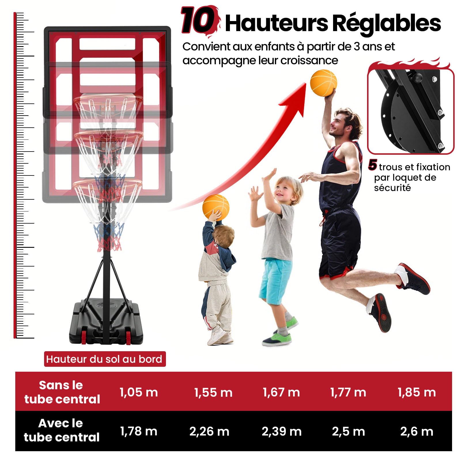 GYMAX Panier Basket Extérieur pour Adultes Enfants, Hauteur 105-260cm, Ballon & Pompe & Sac de Poids Fournis, Base Remplissable, Mobile avec Roues, Panneau Incassable