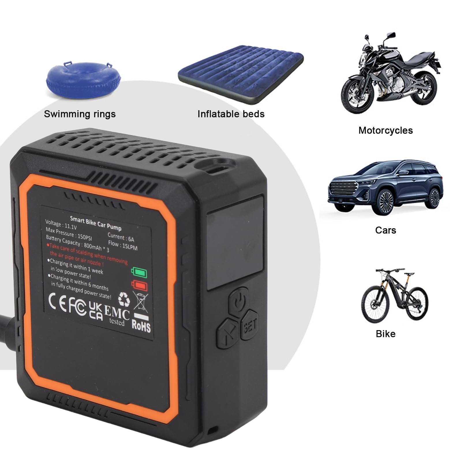 Bomba de aire eléctrica para bicicleta recargable, pantalla LED, inflador rápido inalámbrico de 150 Psi con batería de 2400 mAh para coche, motocicleta, balón, baloncesto, fútbol